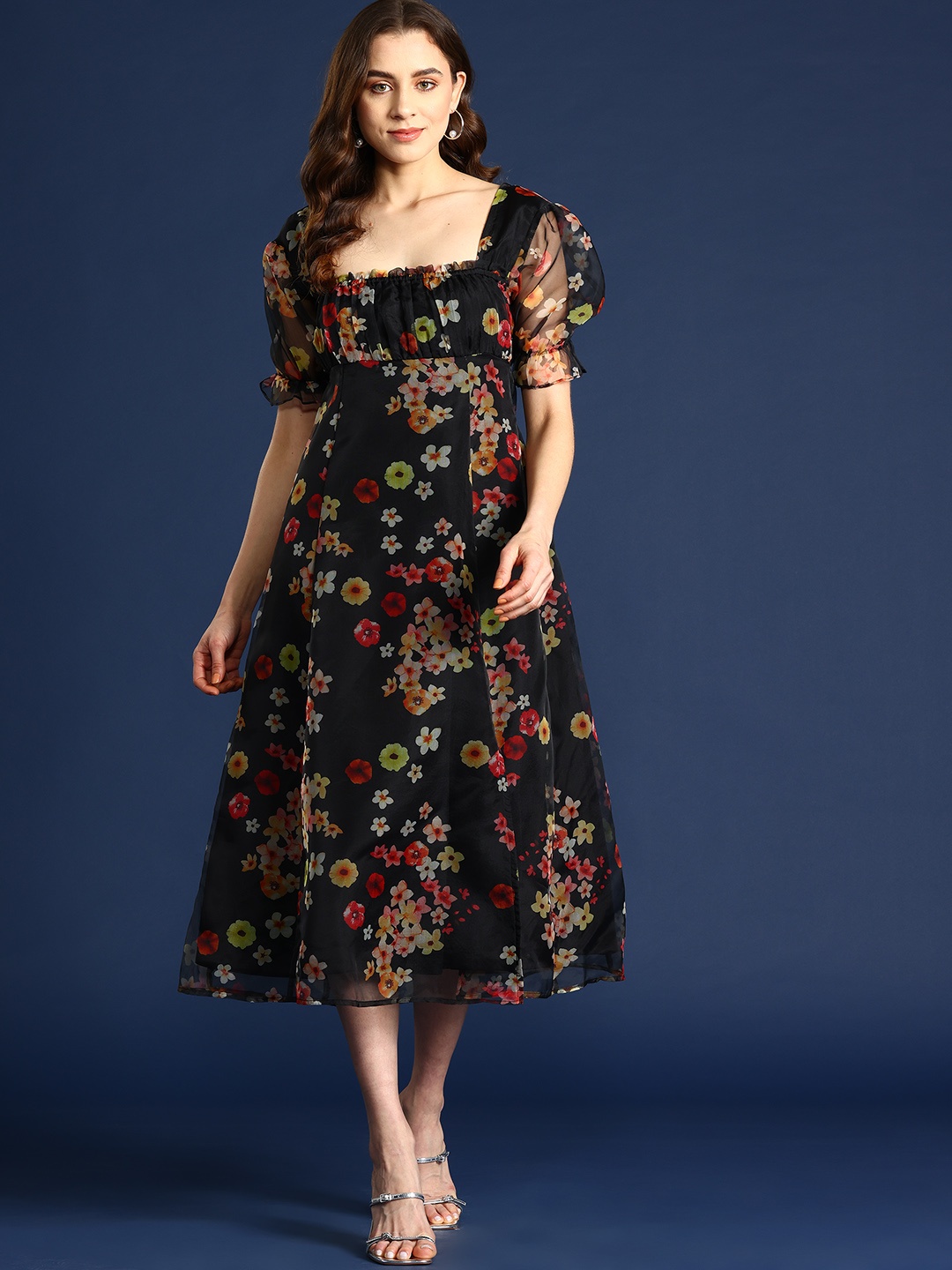 

Mast & Harbour Floral Print Organza Empire Midi Dress, Black