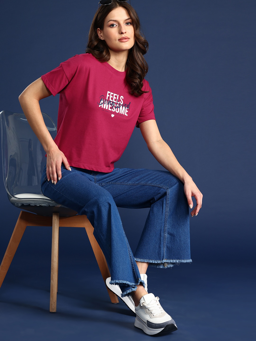

Mast & Harbour Printed Drop-Shoulder Sleeves T-shirt, Magenta