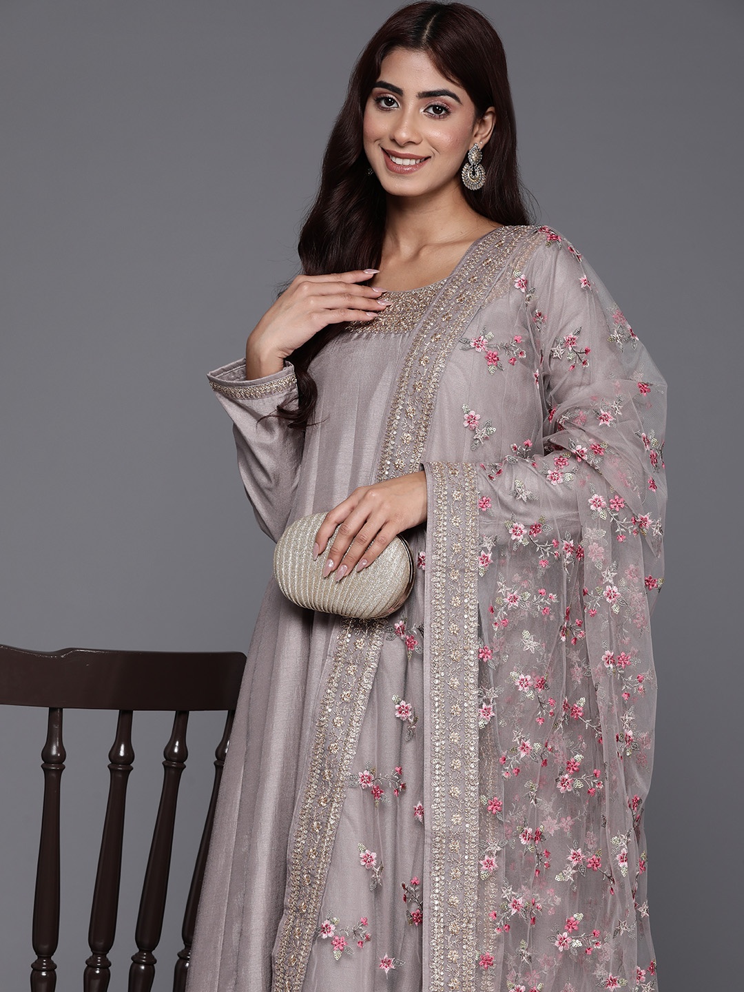 

Libas Art Ethnic Motifs Yoke Design Sequinned Pure Silk Kurta with Trousers & Dupatta, Grey