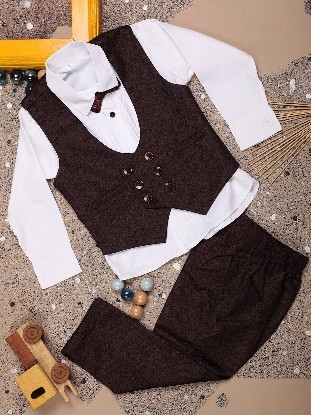 

V-Mart Boys 3-Pcs Double-Breasted Collarless Waistcoat With Trouser & Shirt, Maroon