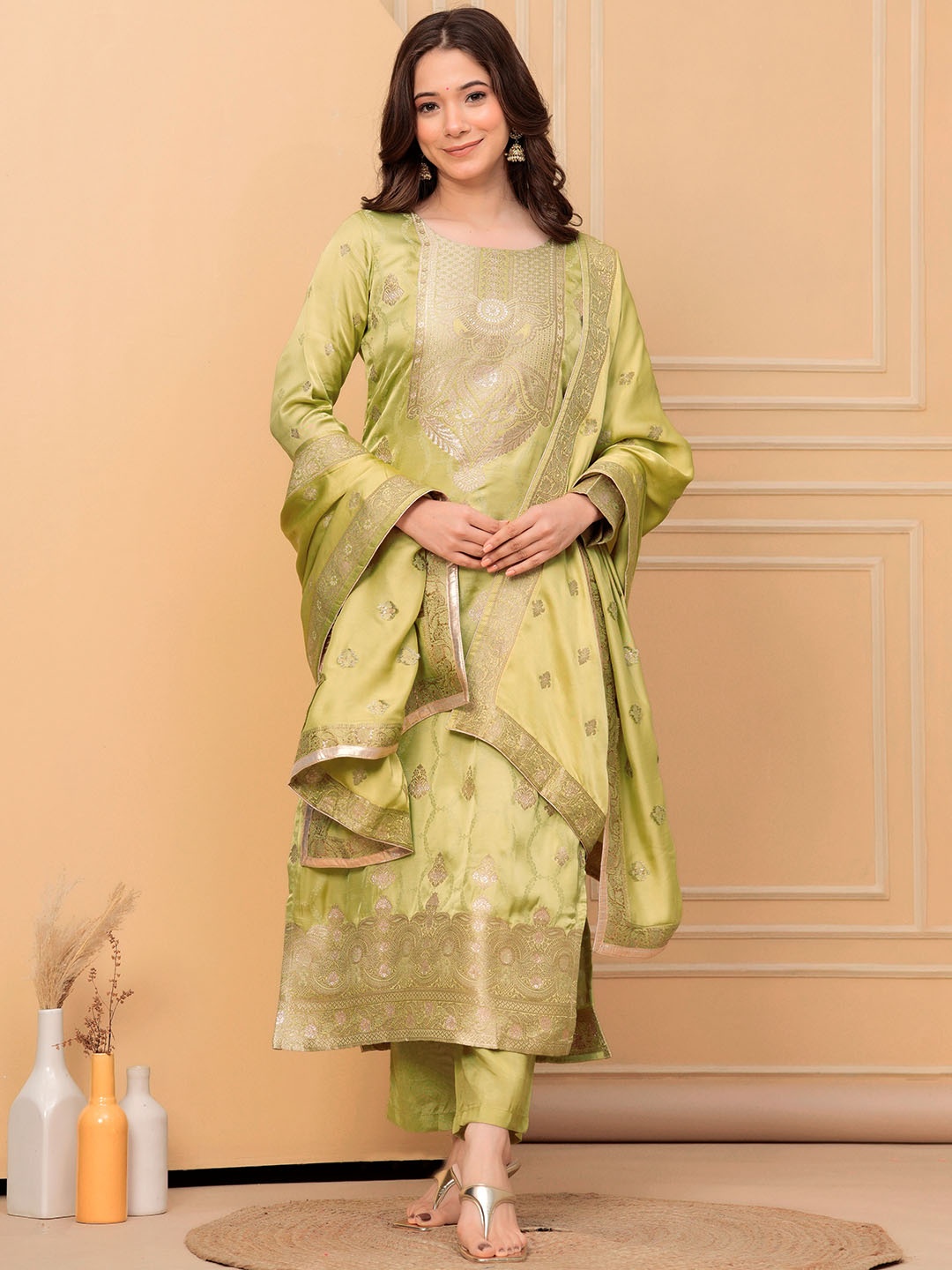 Libas Art Ethnic Motifs Zari Pure Silk Kurta with Trousers & Dupatta, Lime green