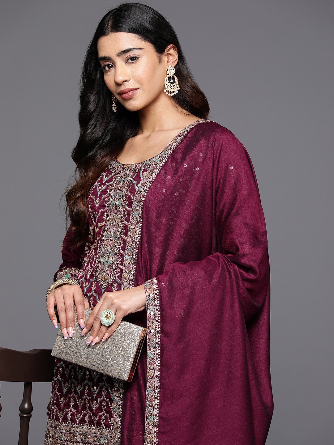 

Libas Art Women Floral Embroidered Regular Sequinned Kurta with Palazzos & With Dupatta, Maroon