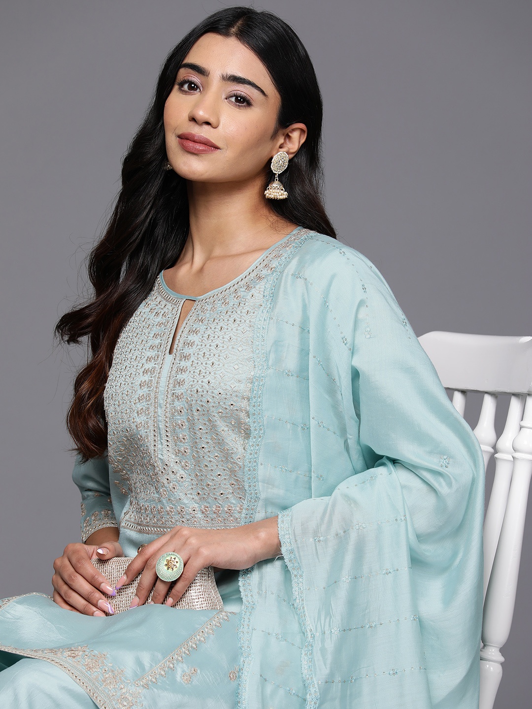 

Libas Art Women Floral Embroidered Regular Thread Work Kurta with Palazzos & With Dupatta, Sea green