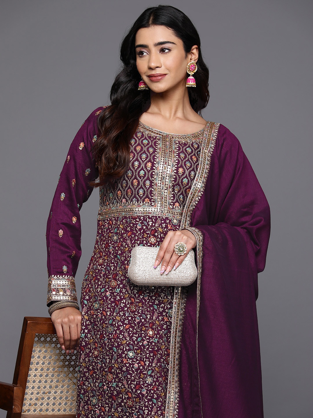 

Libas Art Women Floral Embroidered High Slit Kurta with Trousers & With Dupatta, Burgundy