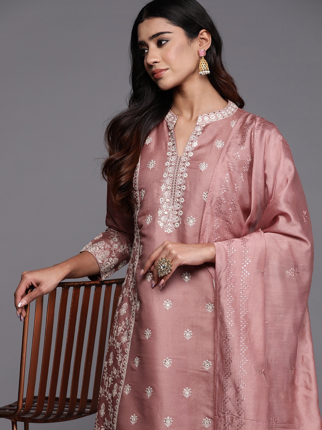 

Libas Art Women Floral Embroidered A-Line Sequinned Kurta with Trousers & With Dupatta, Peach