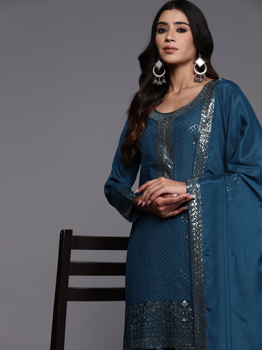 

Libas Art Women Regular Sequinned Kurta with Palazzos & With Dupatta, Teal