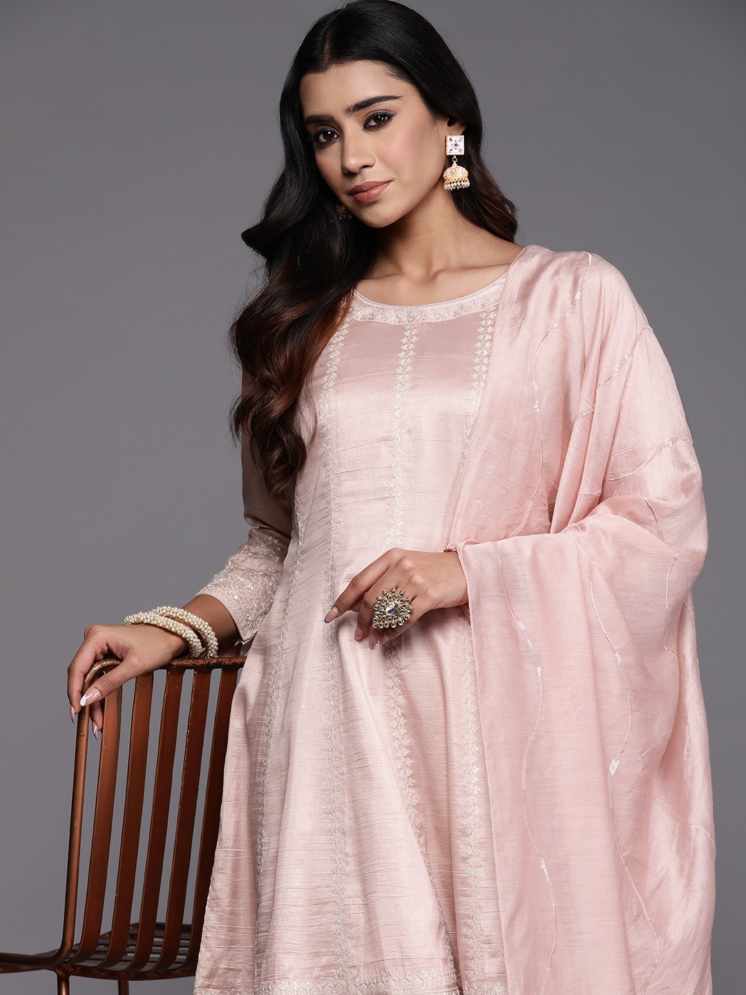 

Libas Art Women Floral Embroidered Panelled Sequinned Kurta with Palazzos & With Dupatta, Peach