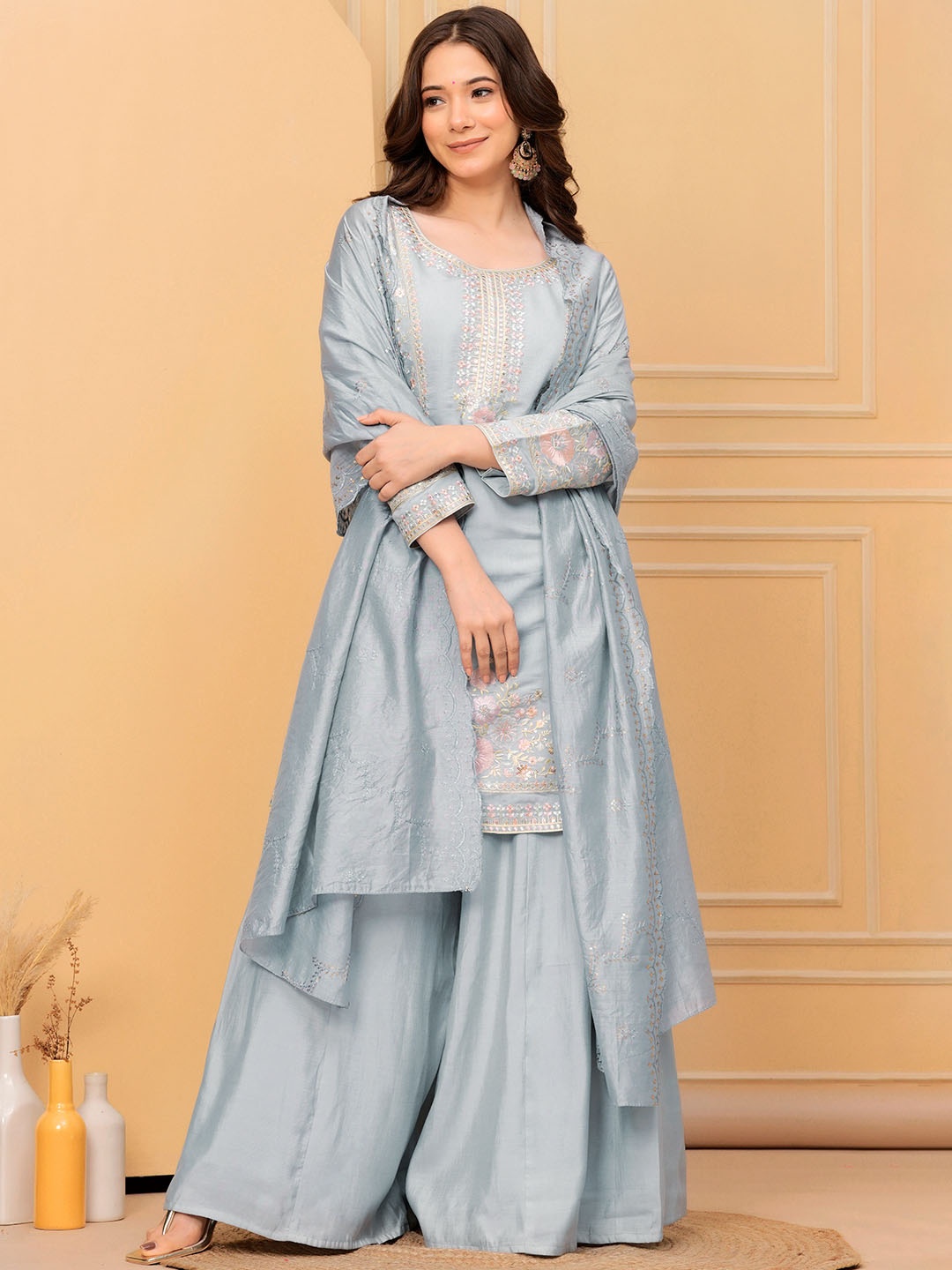 

Libas Art Floral Embroidered Panelled Thread Work Kurta with Palazzos & Dupatta, Blue