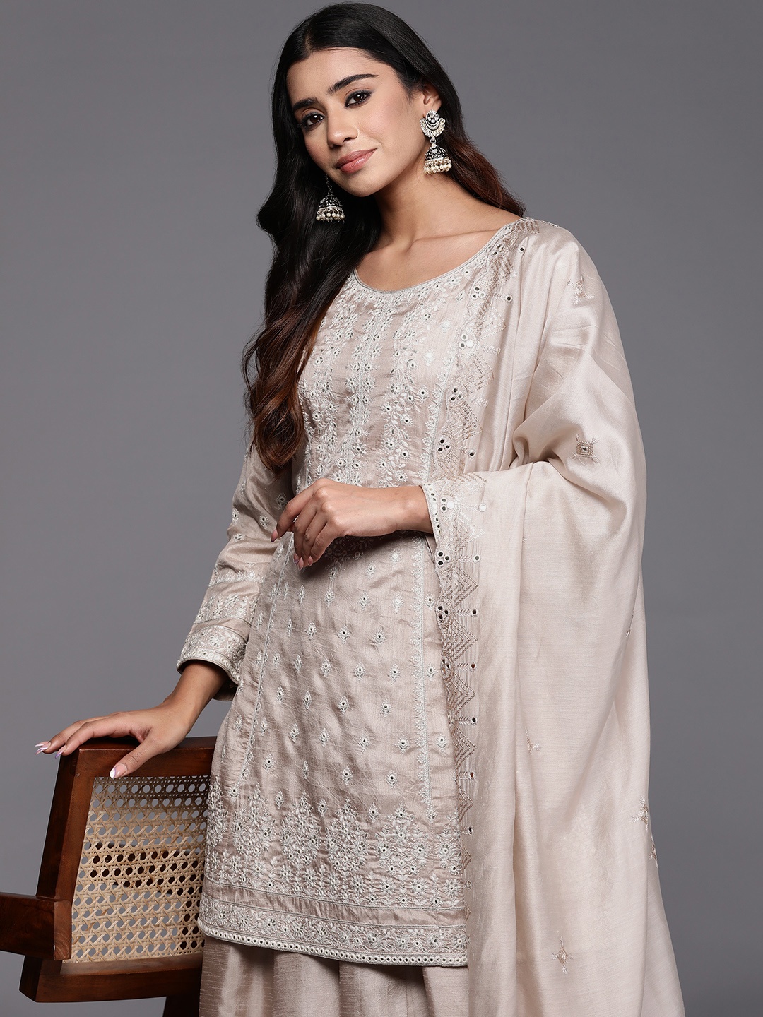 

Libas Art Floral Embroidered Thread Work Kurta with Palazzos & Dupatta, Taupe