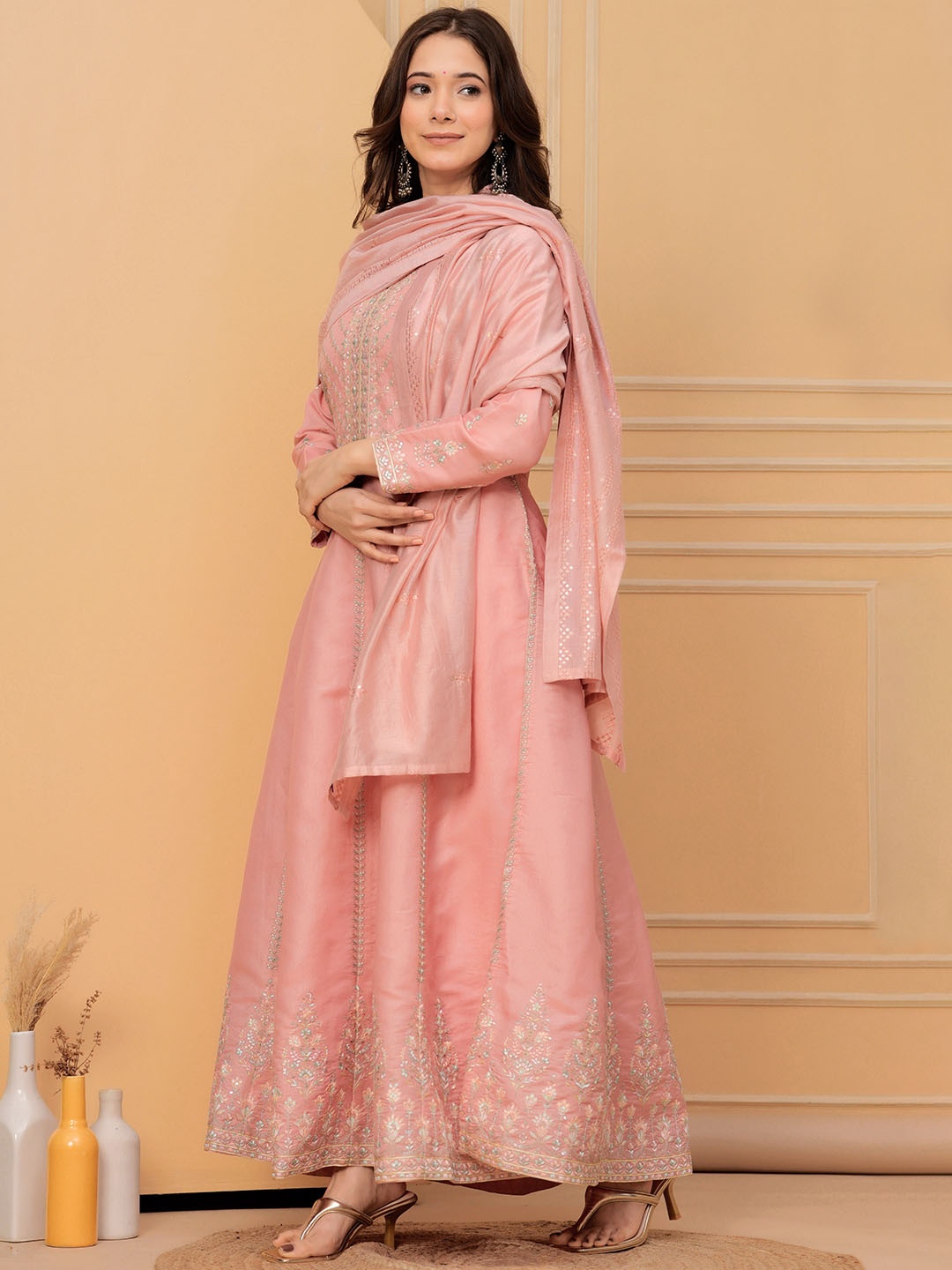 

Libas Art Floral Embroidered Panelled Thread Work Kurta with Trousers & Dupatta, Peach