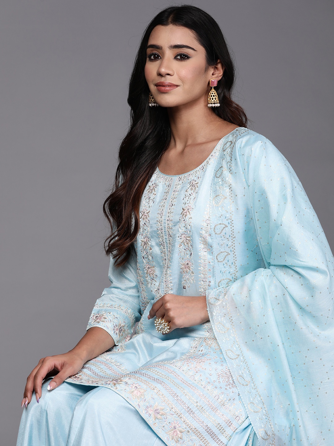 

Libas Art Women Floral Embroidered Regular Sequinned Kurta with Palazzos & With Dupatta, Turquoise blue