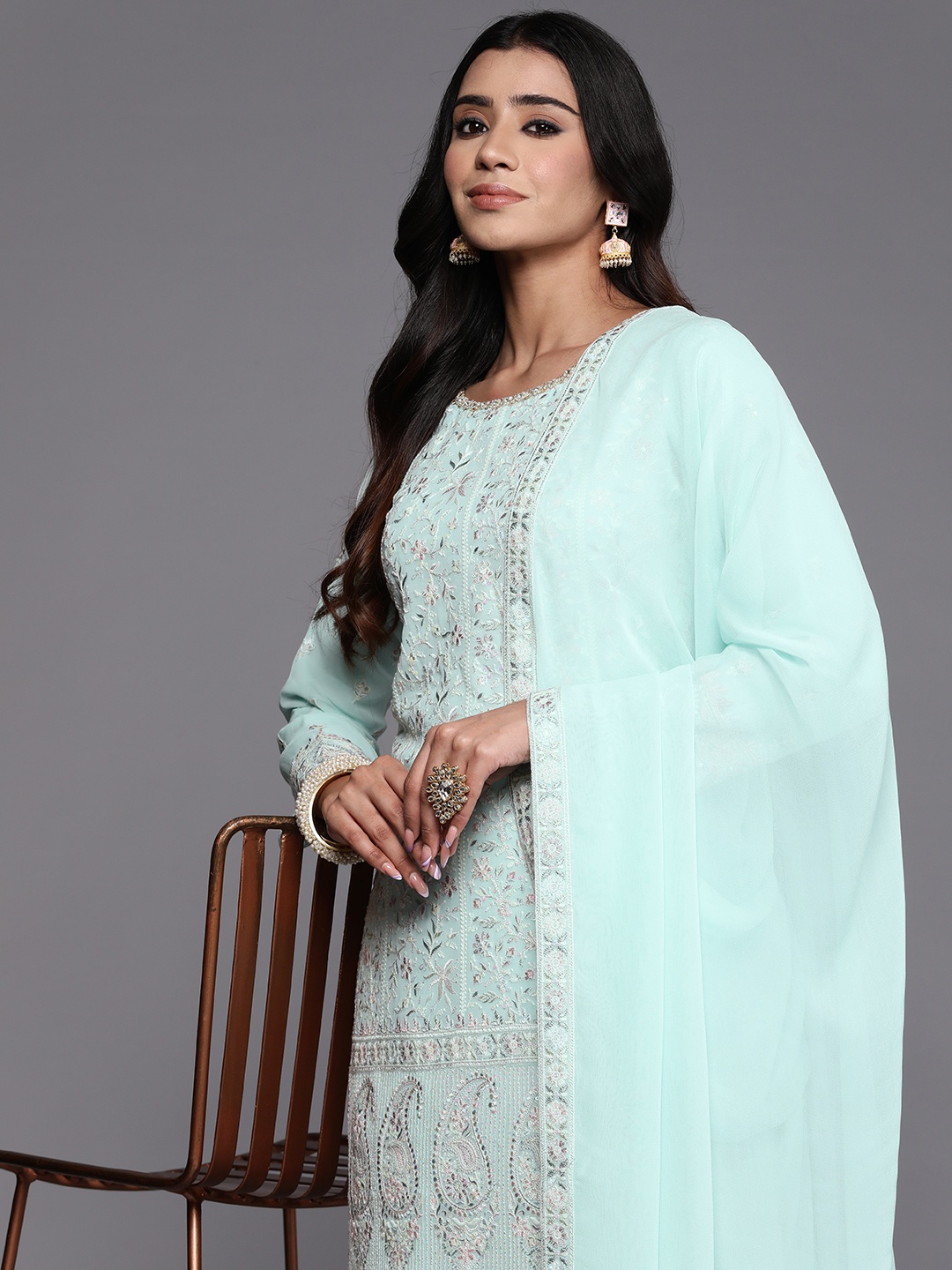 

Libas Art Women Floral Embroidered Regular Beads and Stones Kurta with Palazzos & Dupatta, Turquoise blue