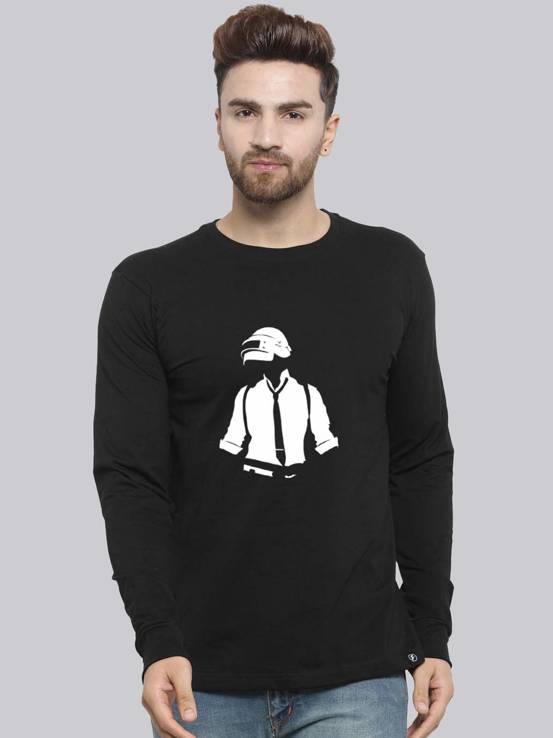 

Friskers PUBG Printed Round Neck Long Sleeves Cotton Slim Fit T-shirt, Black