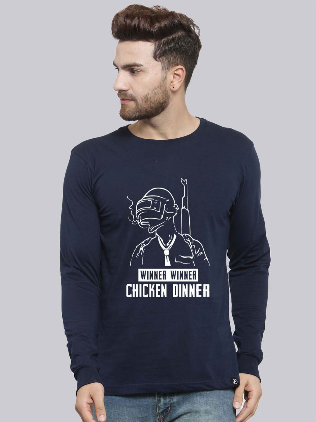 

Friskers PUBG Printed Round Neck Long Sleeves Cotton Slim Fit T-shirt, Navy blue