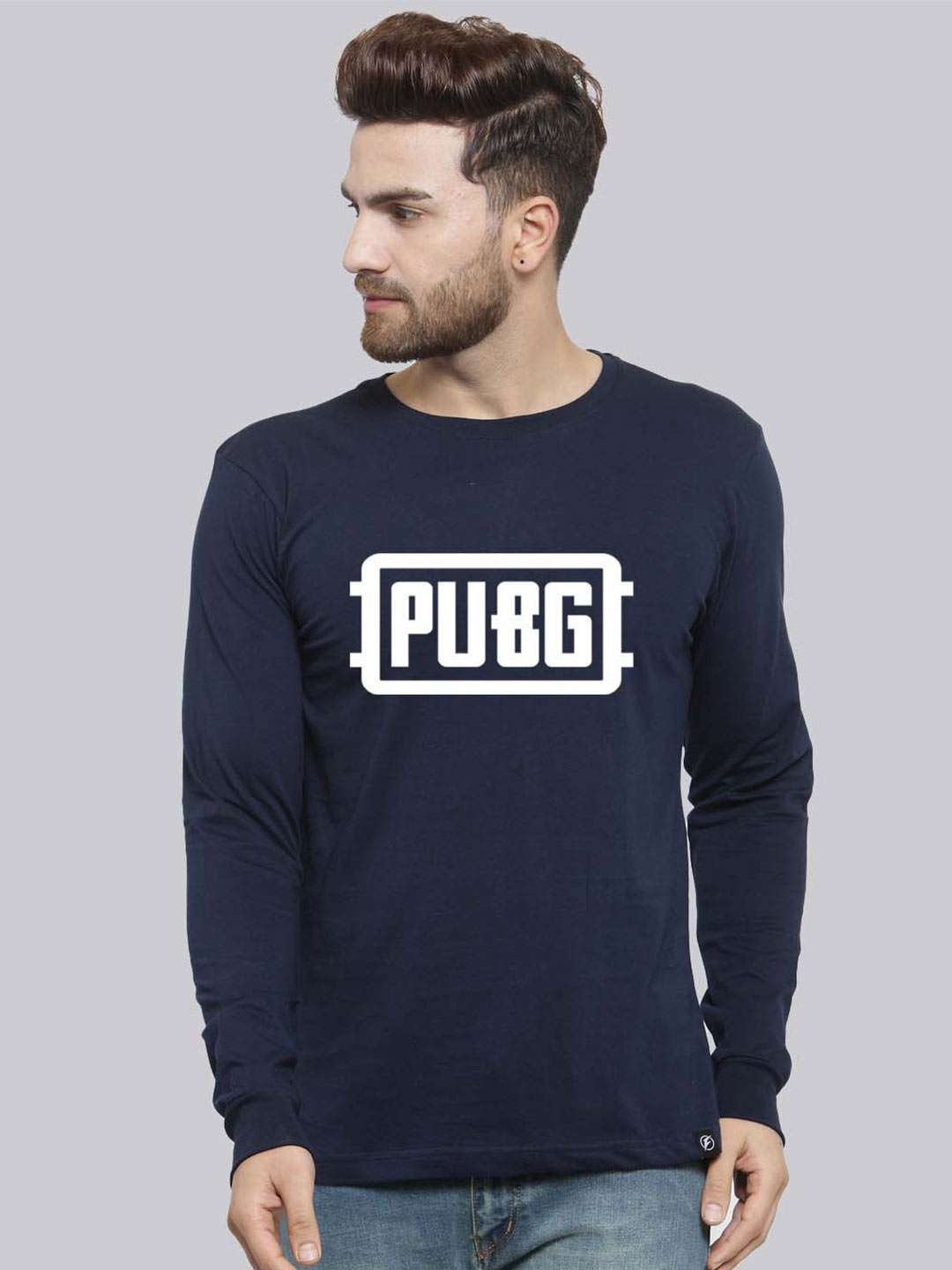 

Friskers PUBG Printed Round Neck Long Sleeves Cotton Slim Fit T-shirt, Navy blue