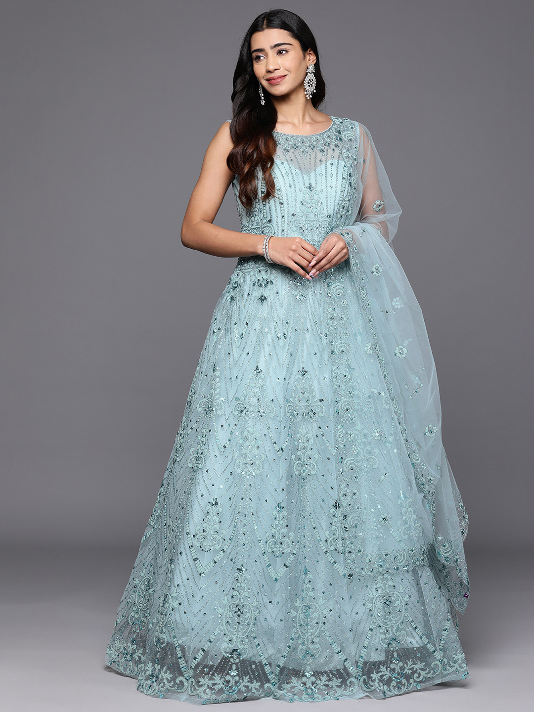 

Libas Art Ethnic Motifs Net Maxi Dress with Dupatta, Sea green