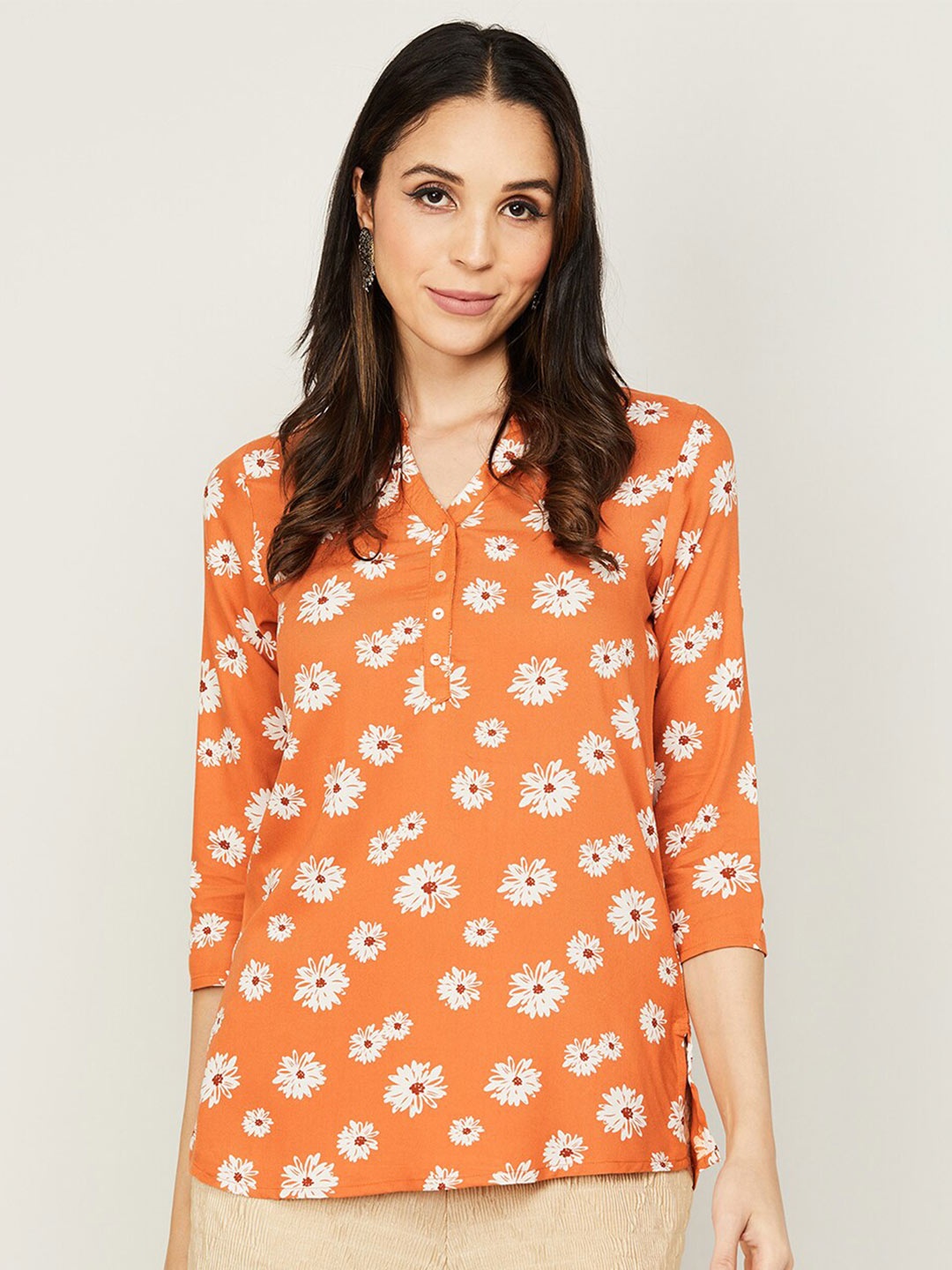 

Melange by Lifestyle Floral Printed Mandarin Collar Kurti, Rust