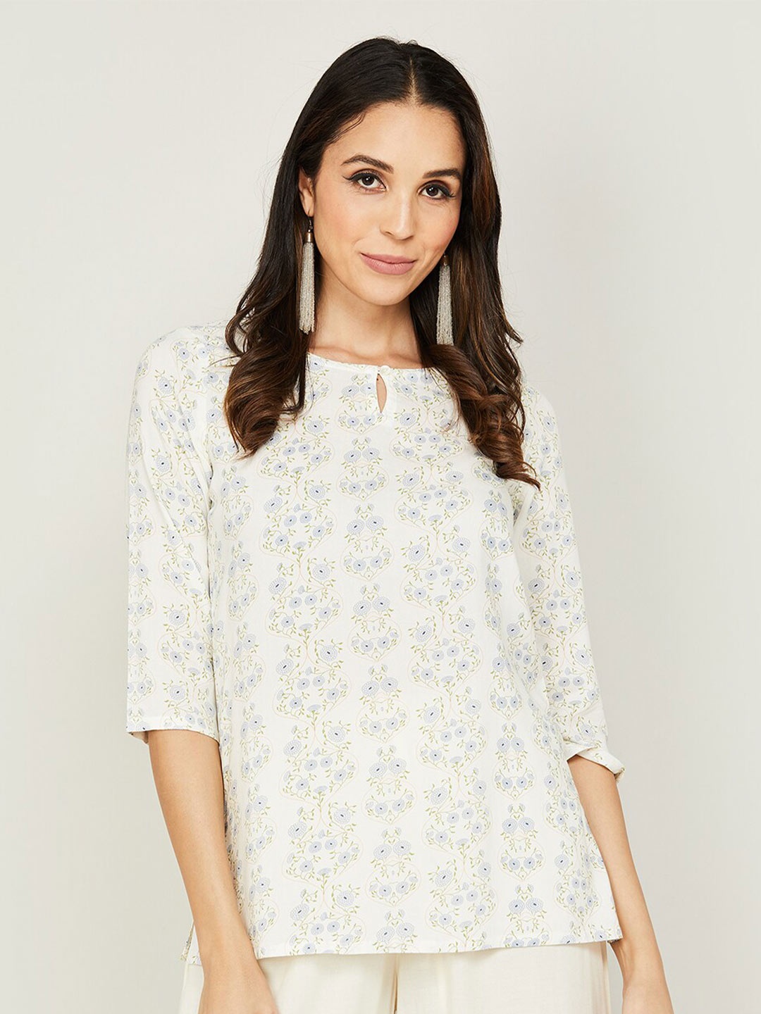 

Melange by Lifestyle Ethnic Motifs Printed Keyhole Neck Tunic, Off white