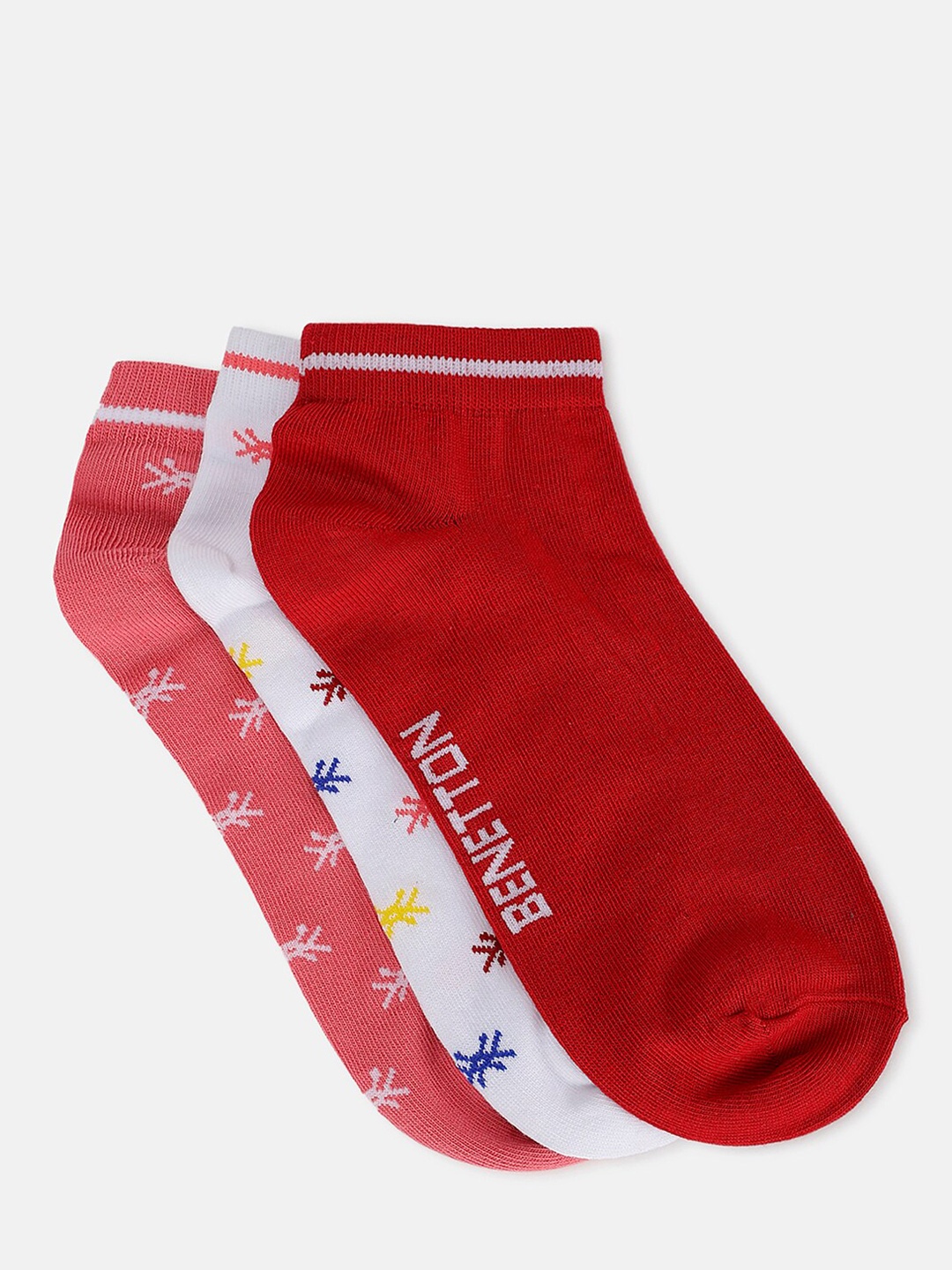 

United Colors of Benetton Kids Pack Of 3 Printed Cotton Ankle-Length Socks, Red
