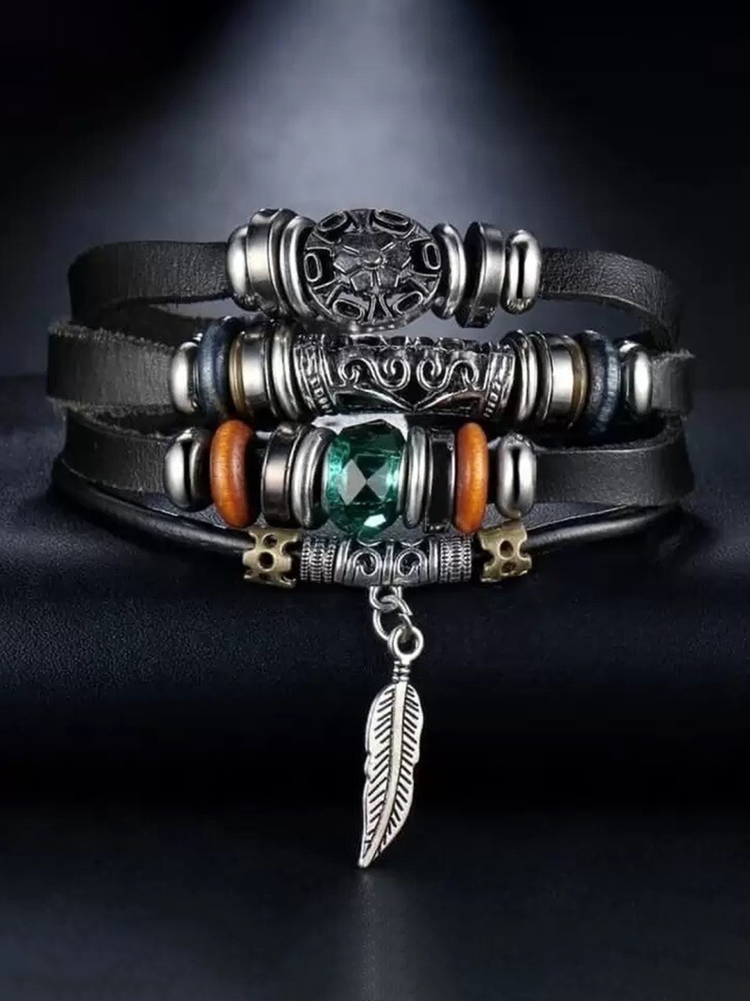 

MEENAZ Unisex Silver-Plated Leather Oxidised Multistrand Bracelet