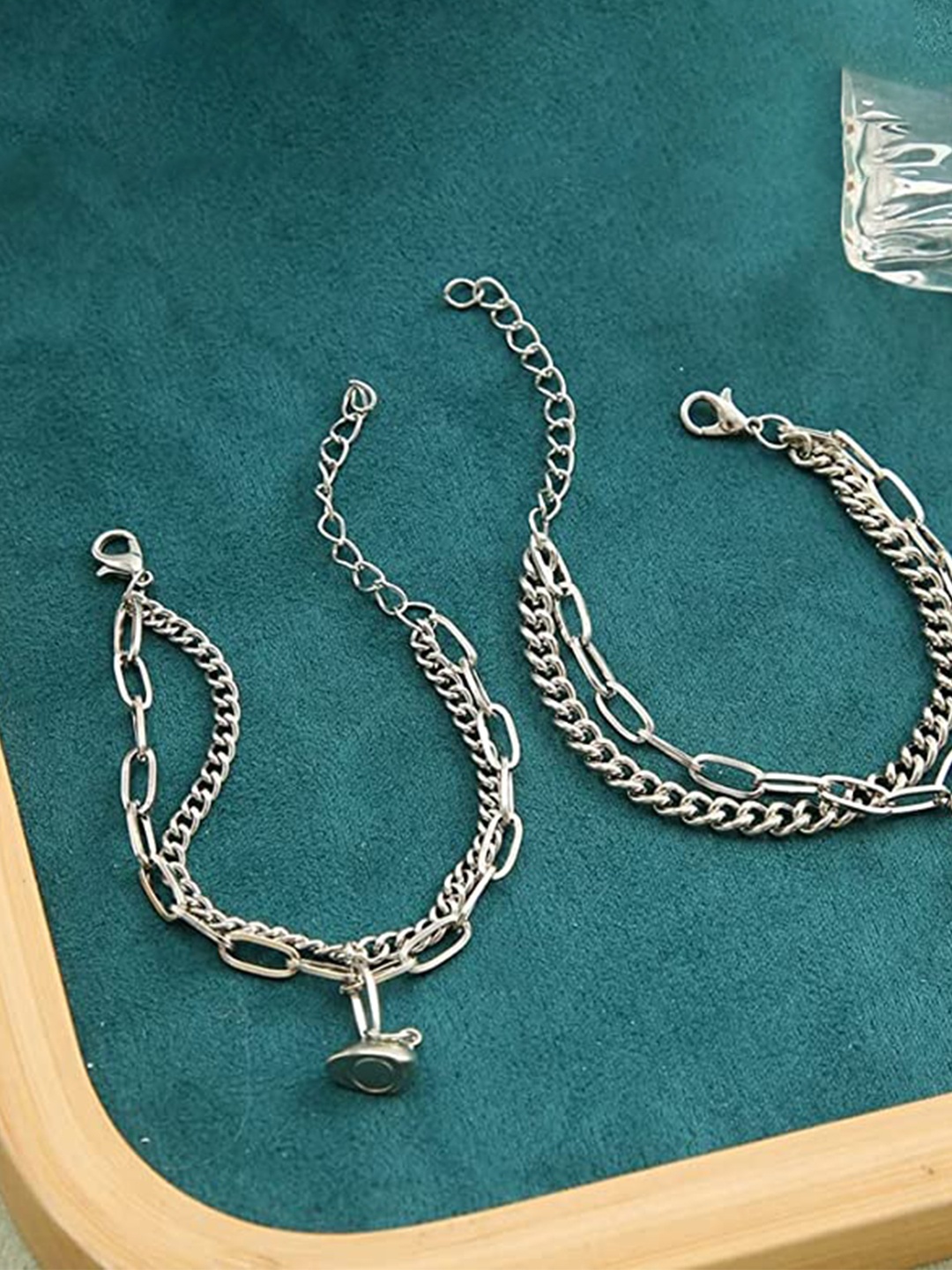 

MEENAZ Set Of 2 Silver-Plated Link Couple Bracelet