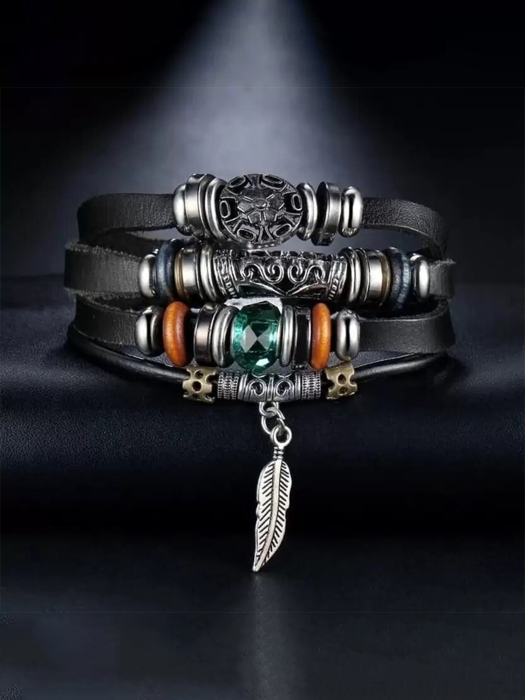 

MEENAZ Unisex Leather Oxidised Silver-Plated Beaded Multistrand Bracelet, Black