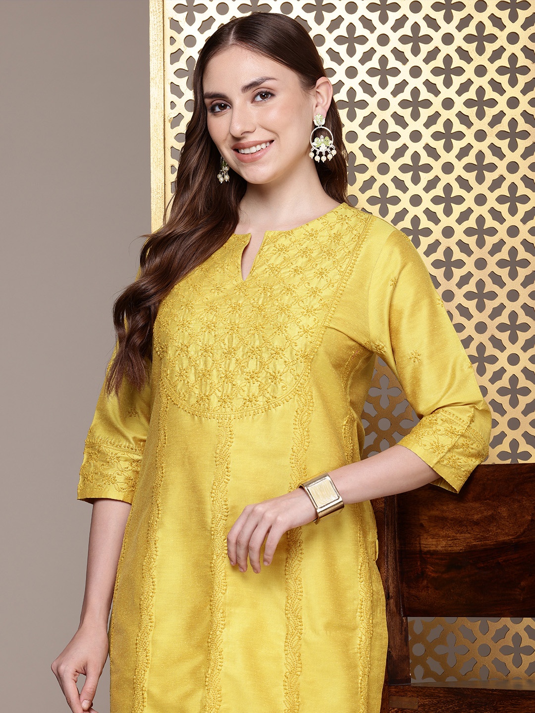 

House of Pataudi Chikankari Ethnic Motifs Embroidered Jashn Kurta, Yellow