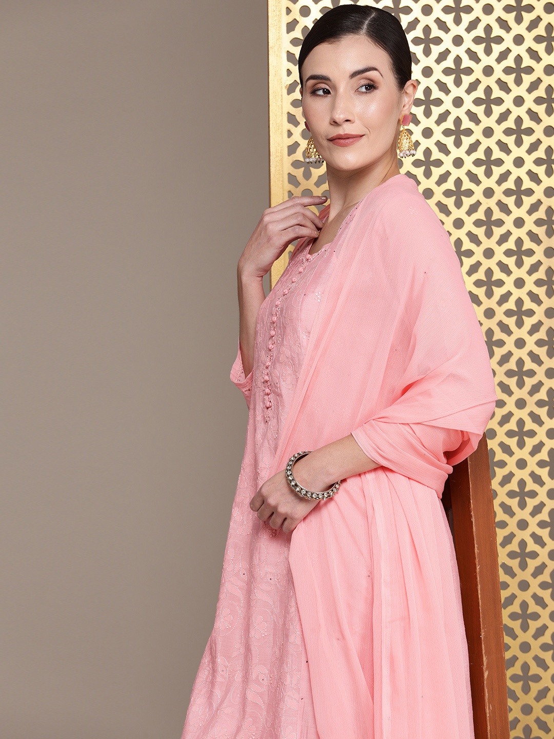 

House of Pataudi Ethnic Motifs Embroidered Jashn Kurta with Palazzos & Dupatta, Peach