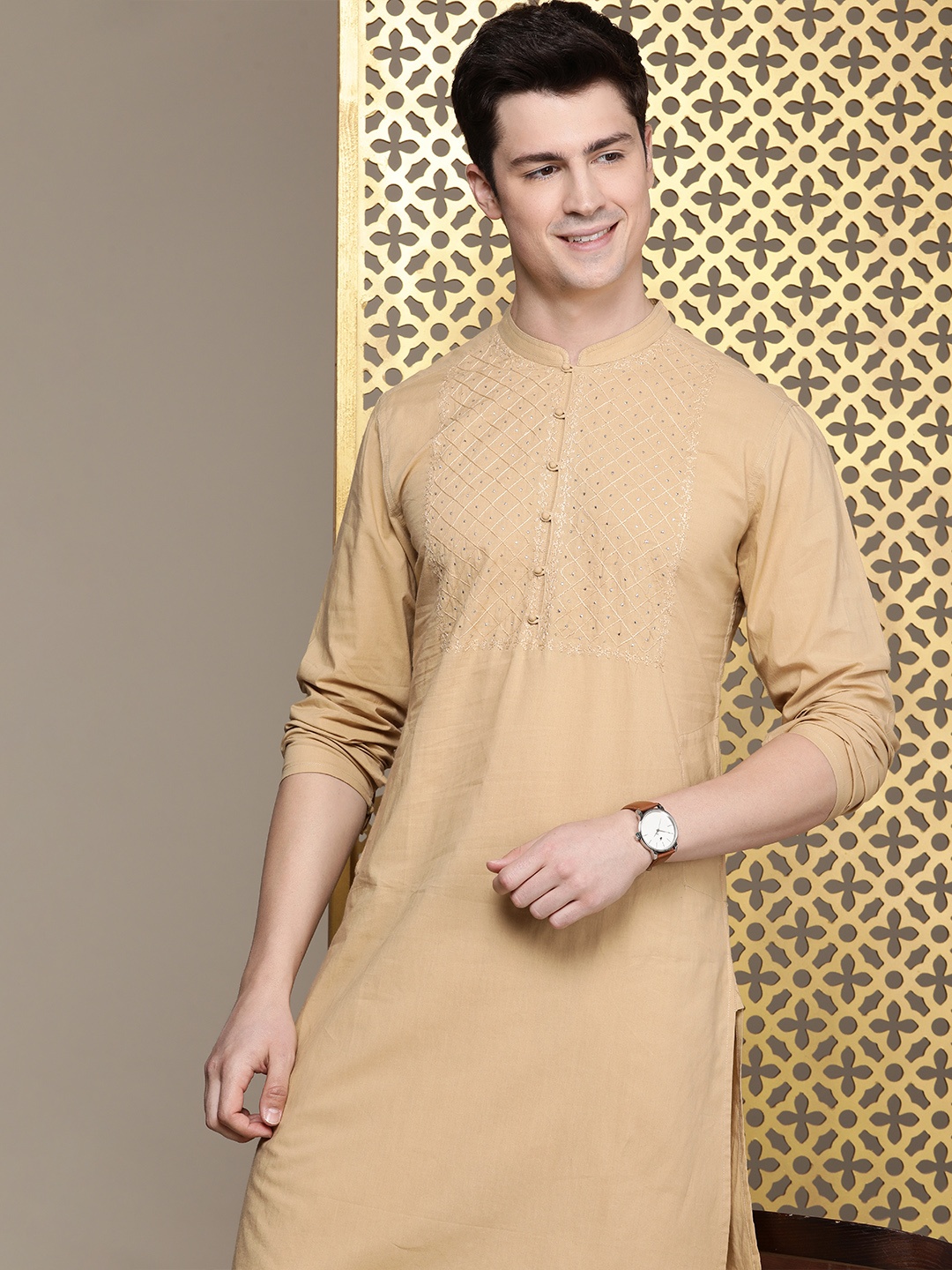 

House of Pataudi Chikankari Embroidered Sequinned Pure Cotton Jashn Kurta with Churidar, Beige