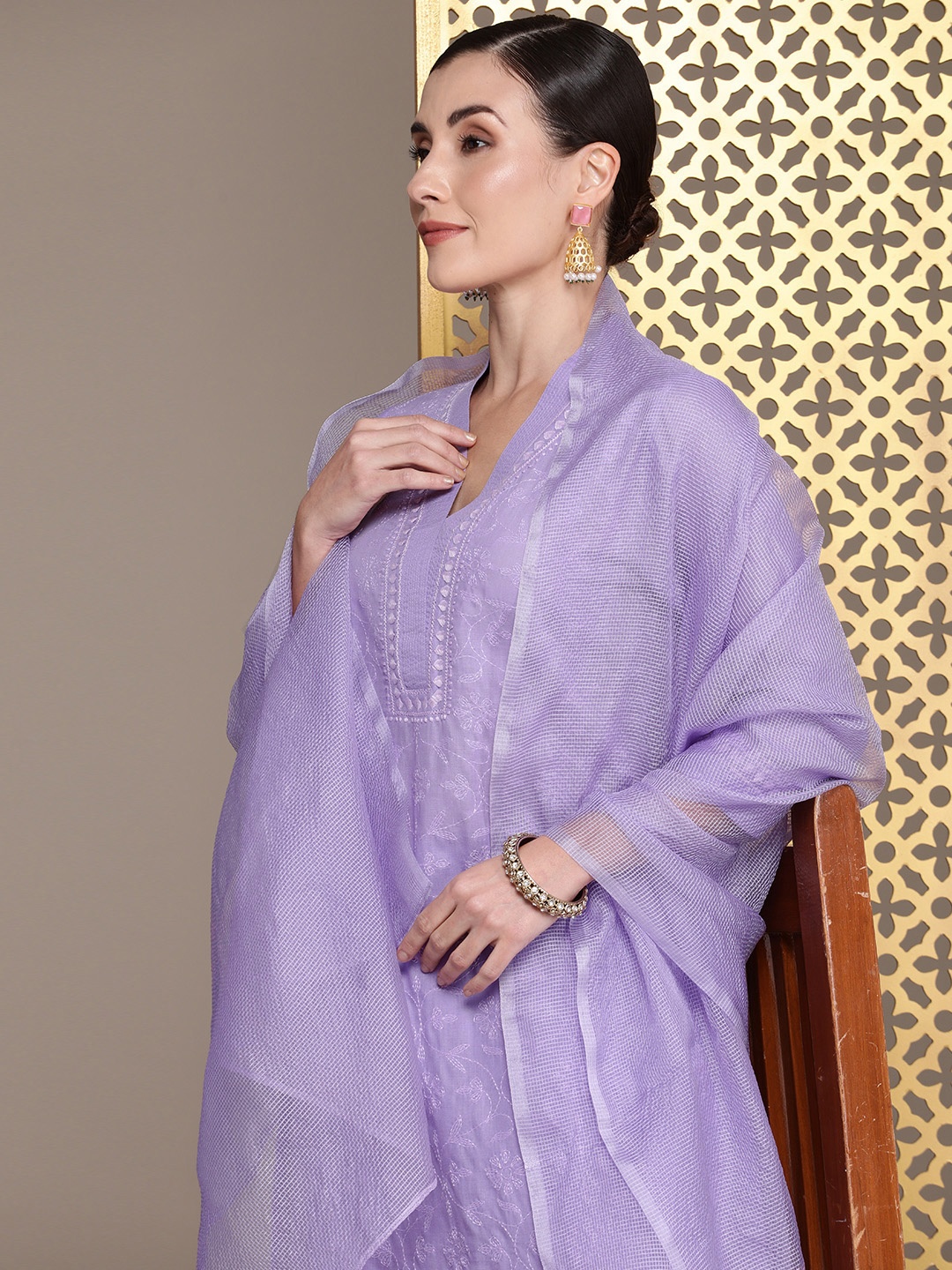 

House of Pataudi Floral Chikankari Embroidered Straight Jashn Kurta with Trousers & Dupatta, Lavender
