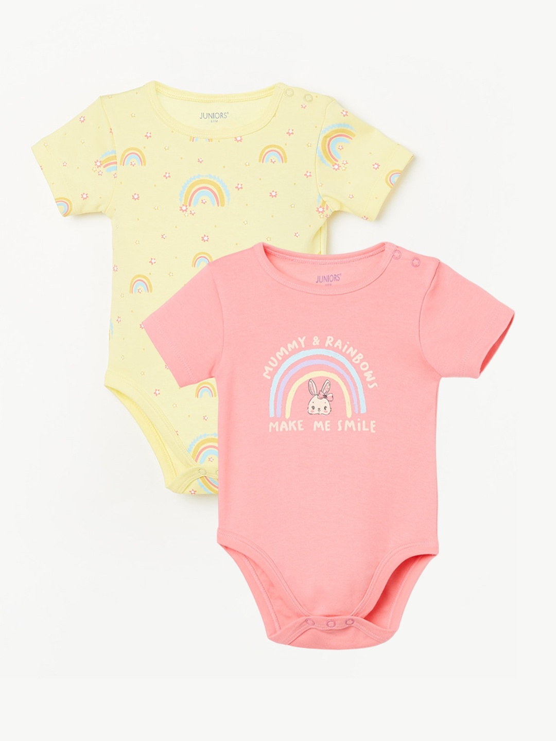 

Juniors by Lifestyle Infant Girls Pack Of 2 Printed Pure Cotton Bodysuits, Yellow