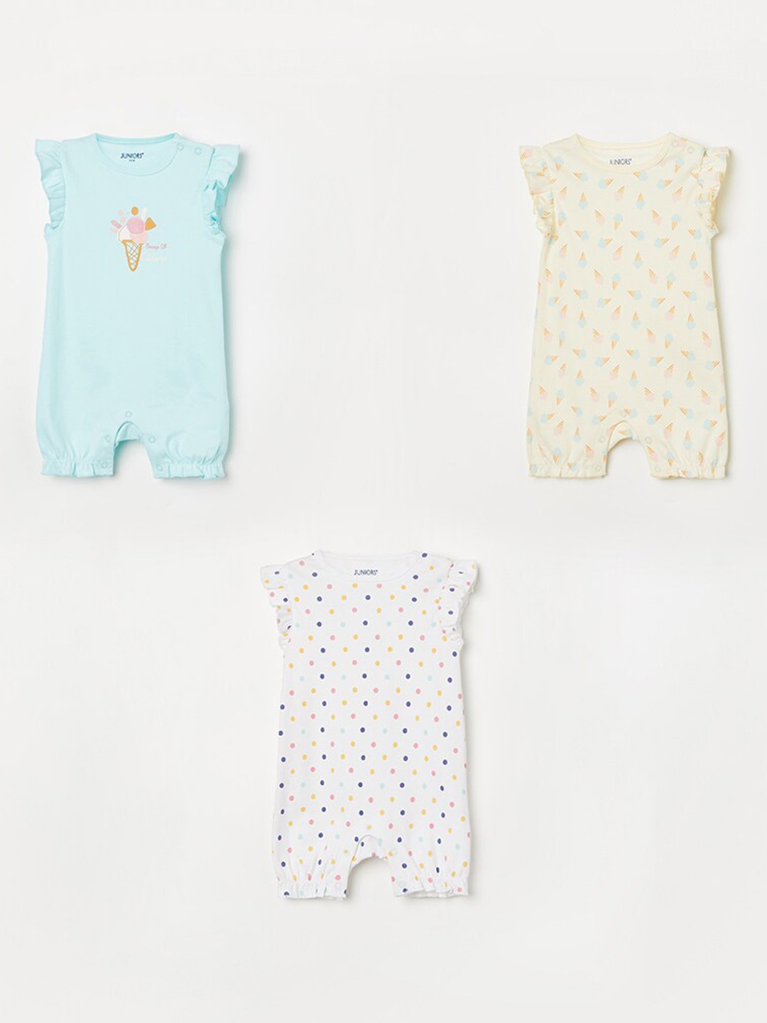 

Juniors by Lifestyle Infant Girls Pack Of 3 Printed Pure Cotton Rompers, Blue