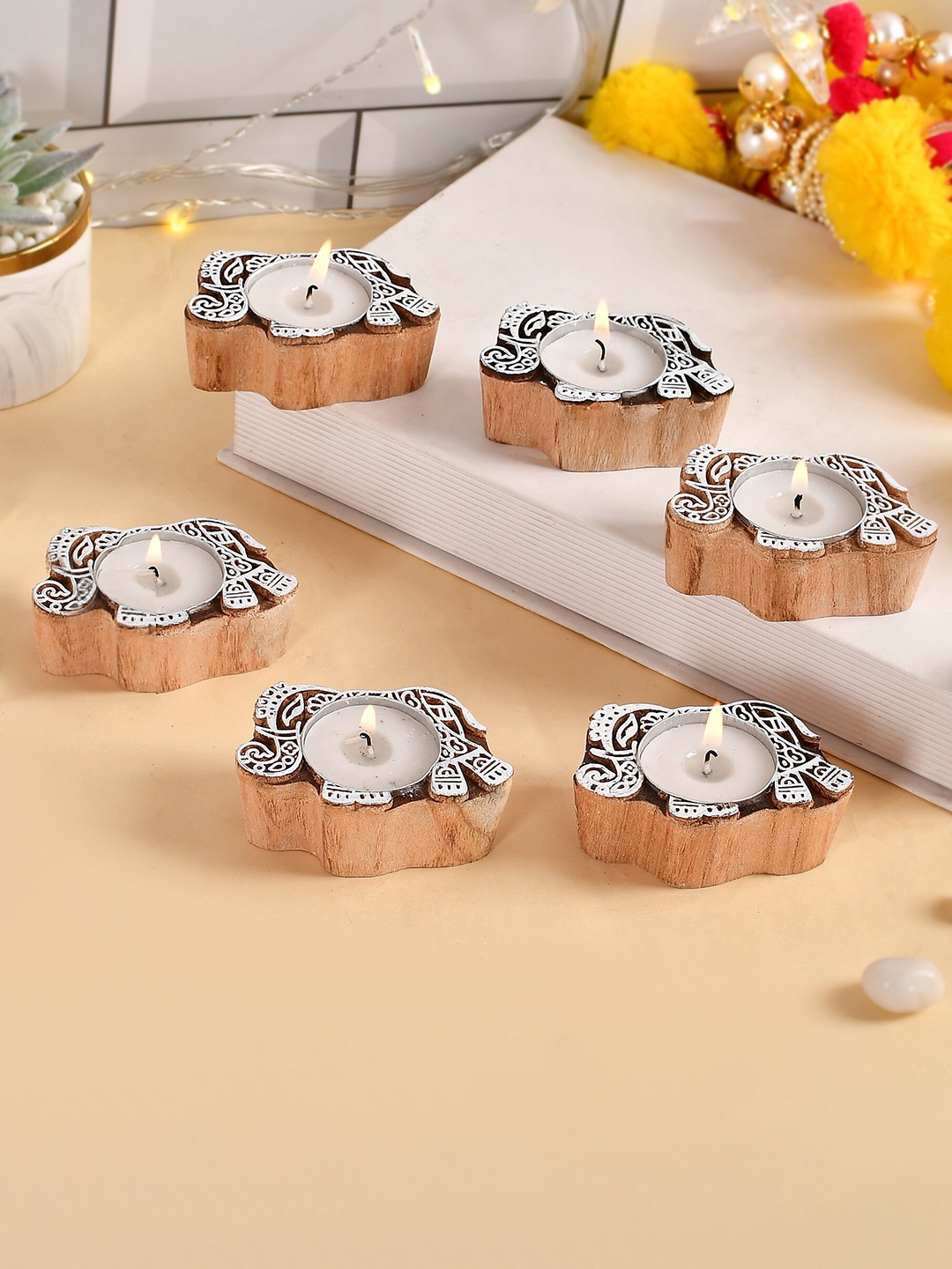 

COOPTIC Set Of 2 Elephant Shaped Block Wooden Tea Light Candle Holder, Multi