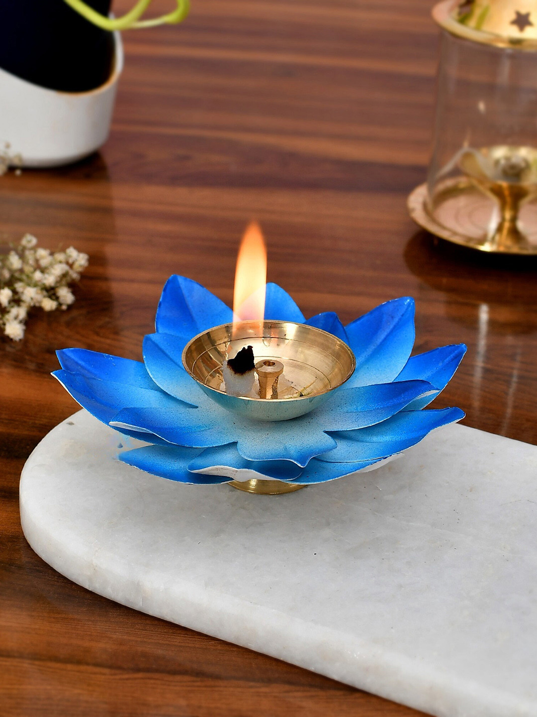 

COOPTIC Gold & Blue Lotus Shaped Metal Diyas