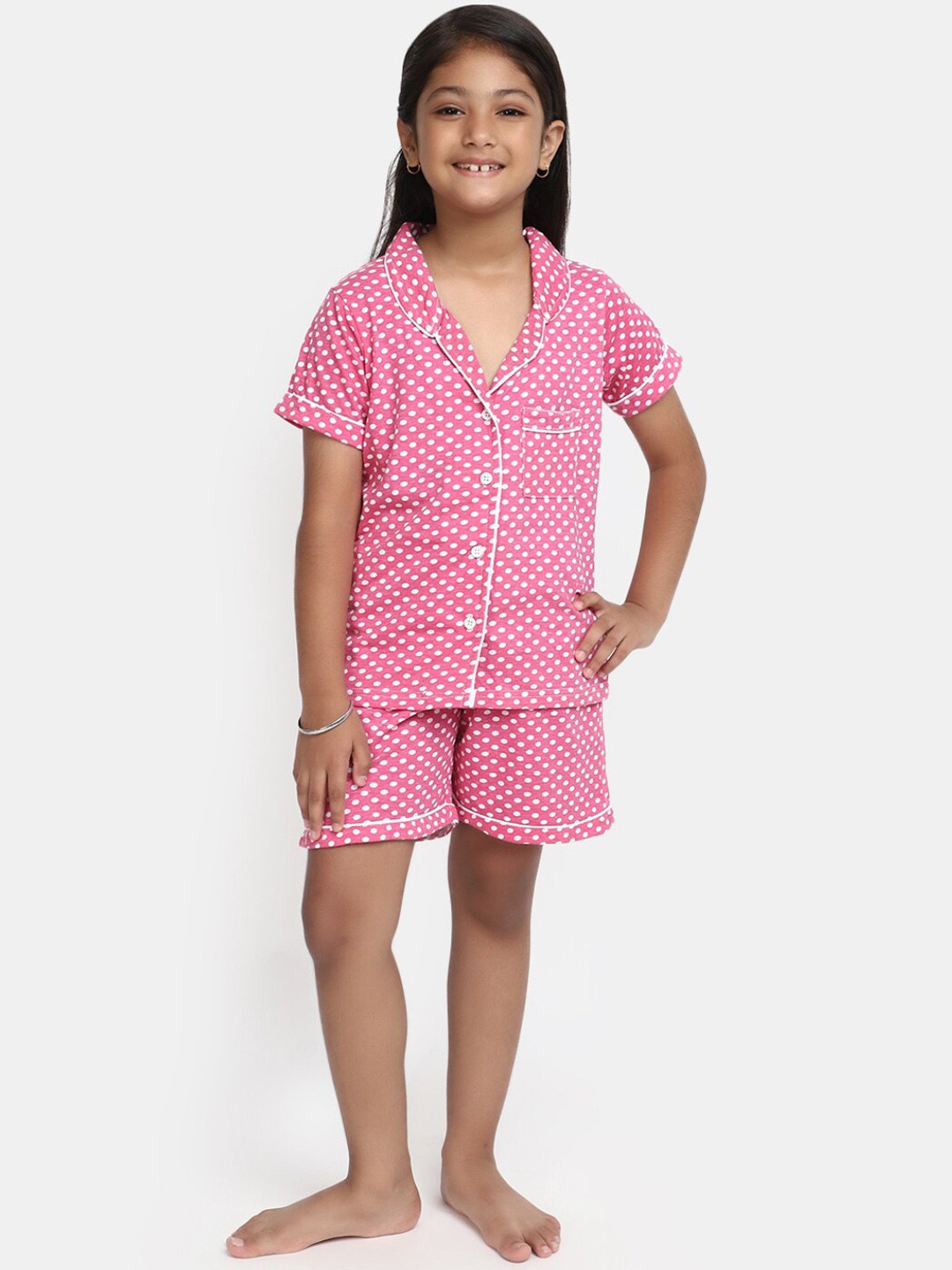 

V-Mart Girls Polka Dots Printed Shirt With Shorts, Pink