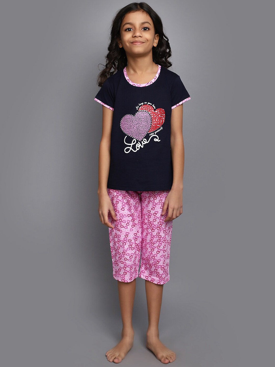 

V-Mart Girls Conversational Printed Pure Cotton T-shirt With Pyjamas, Navy blue