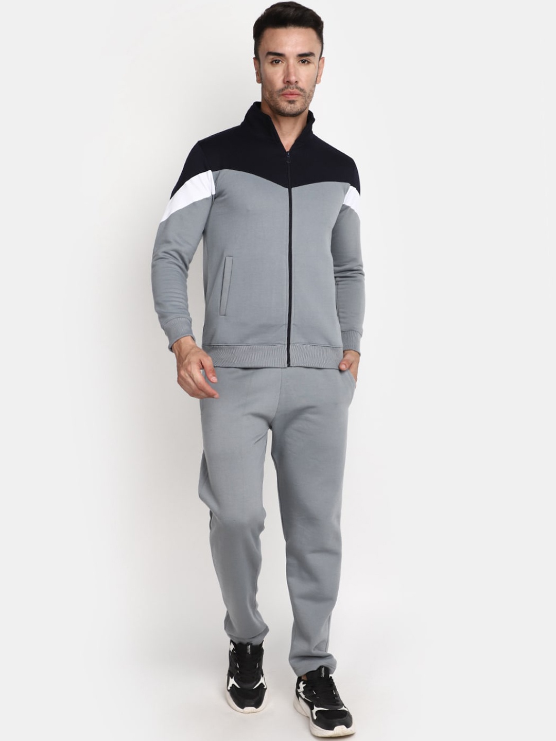 

V-Mart Colourblocked Mock Collar Sports Tracksuit, Grey