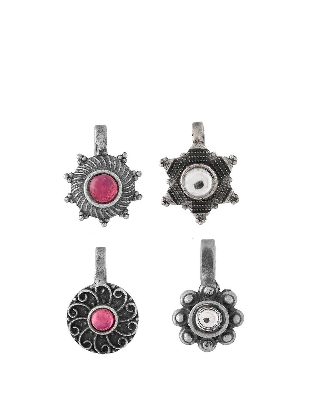 

Infuzze Set Of 4 Silver Plated Stones Studded Nosepins