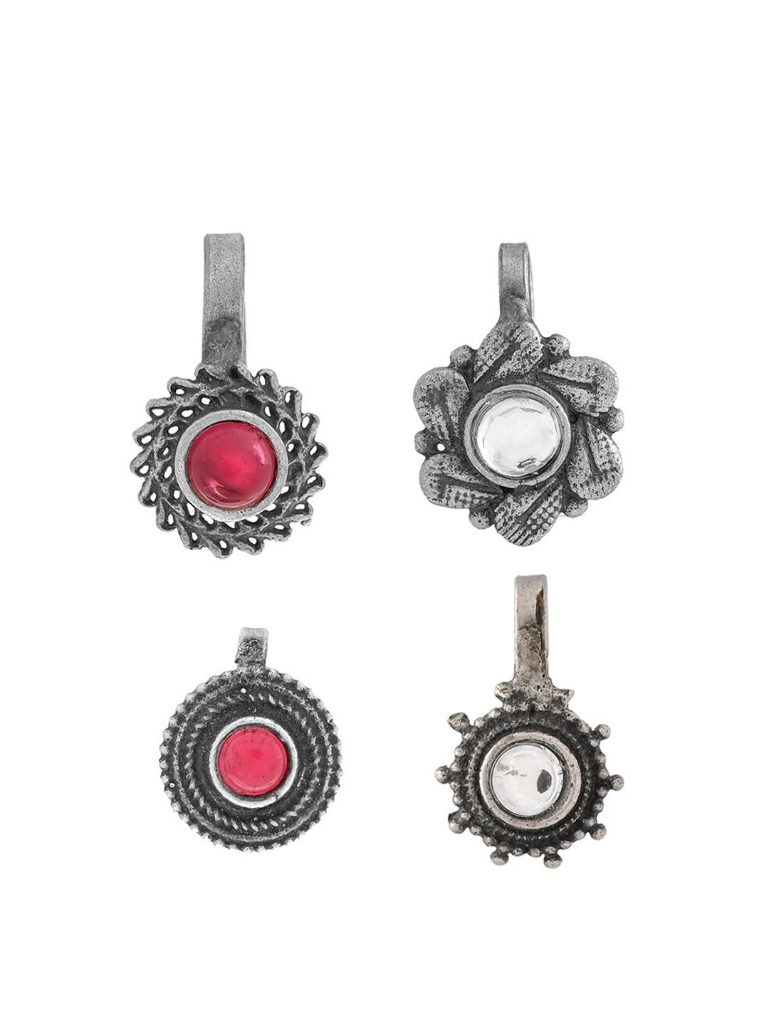 

Infuzze Set Of 4 Silver Plated Stone Studded Nosepins