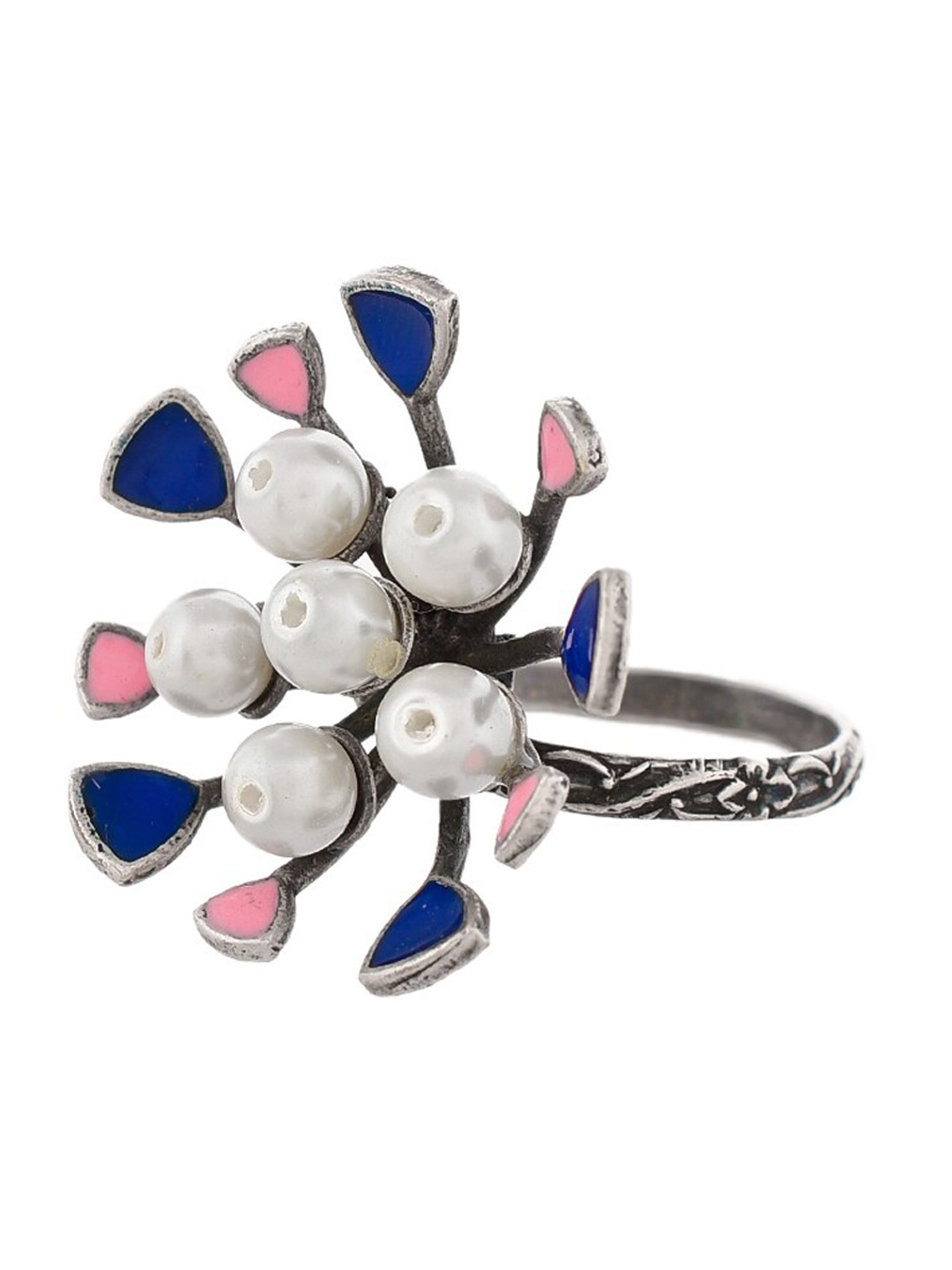 

Infuzze Silver Plated Pearl Beaded Oxidised Adjustable Finger Ring