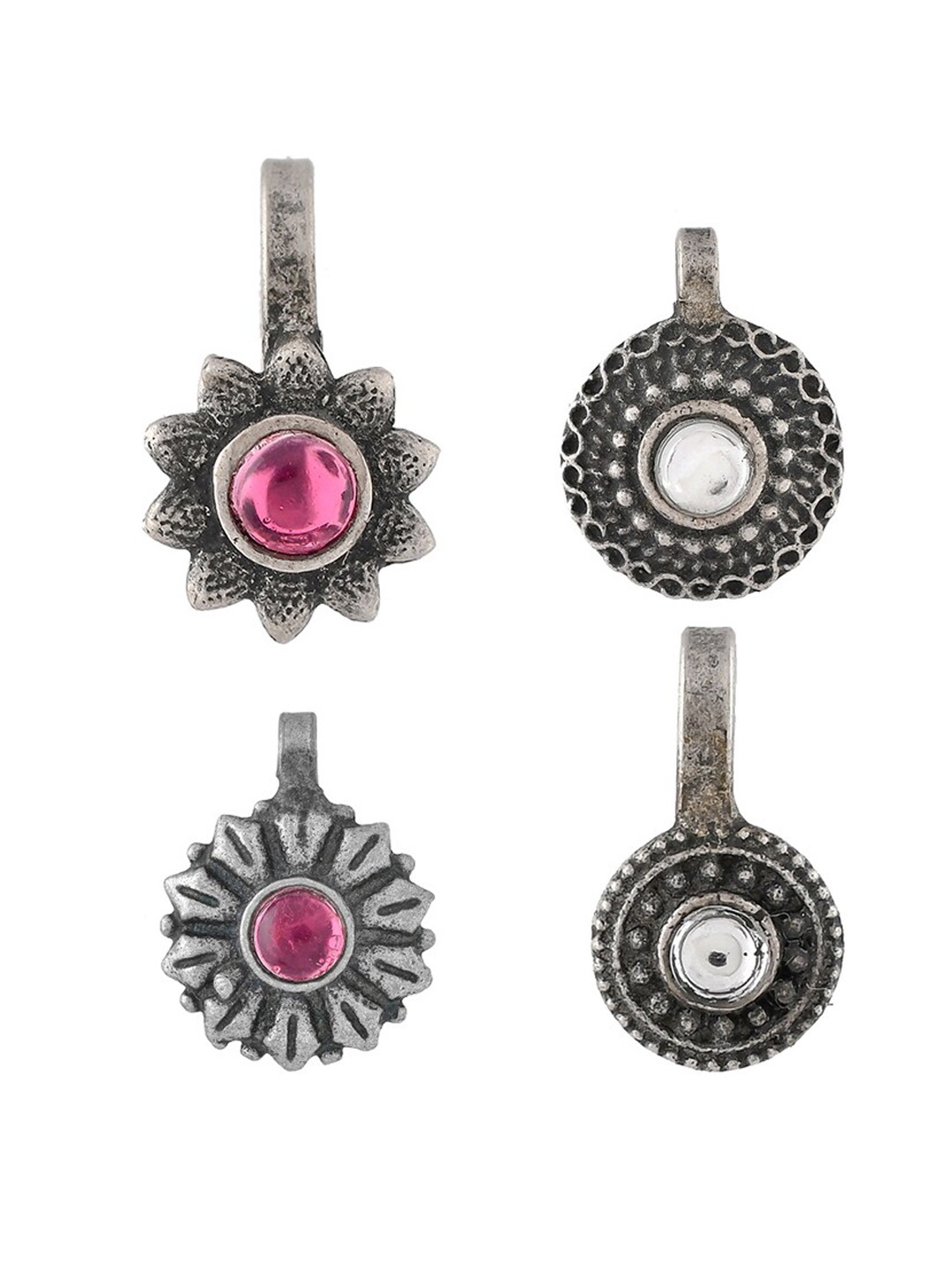 

Infuzze Set Of 4 Silver-Plated Stones Studded Nosepins