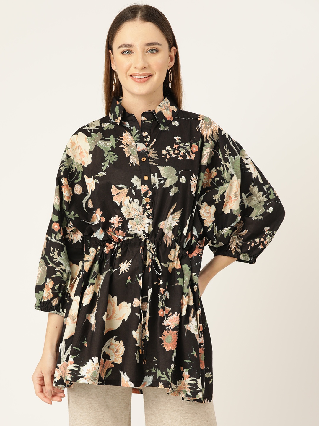 

Jaipur Morni Floral Print Puff Sleeve Cotton Shirt Style Longline Top, Black
