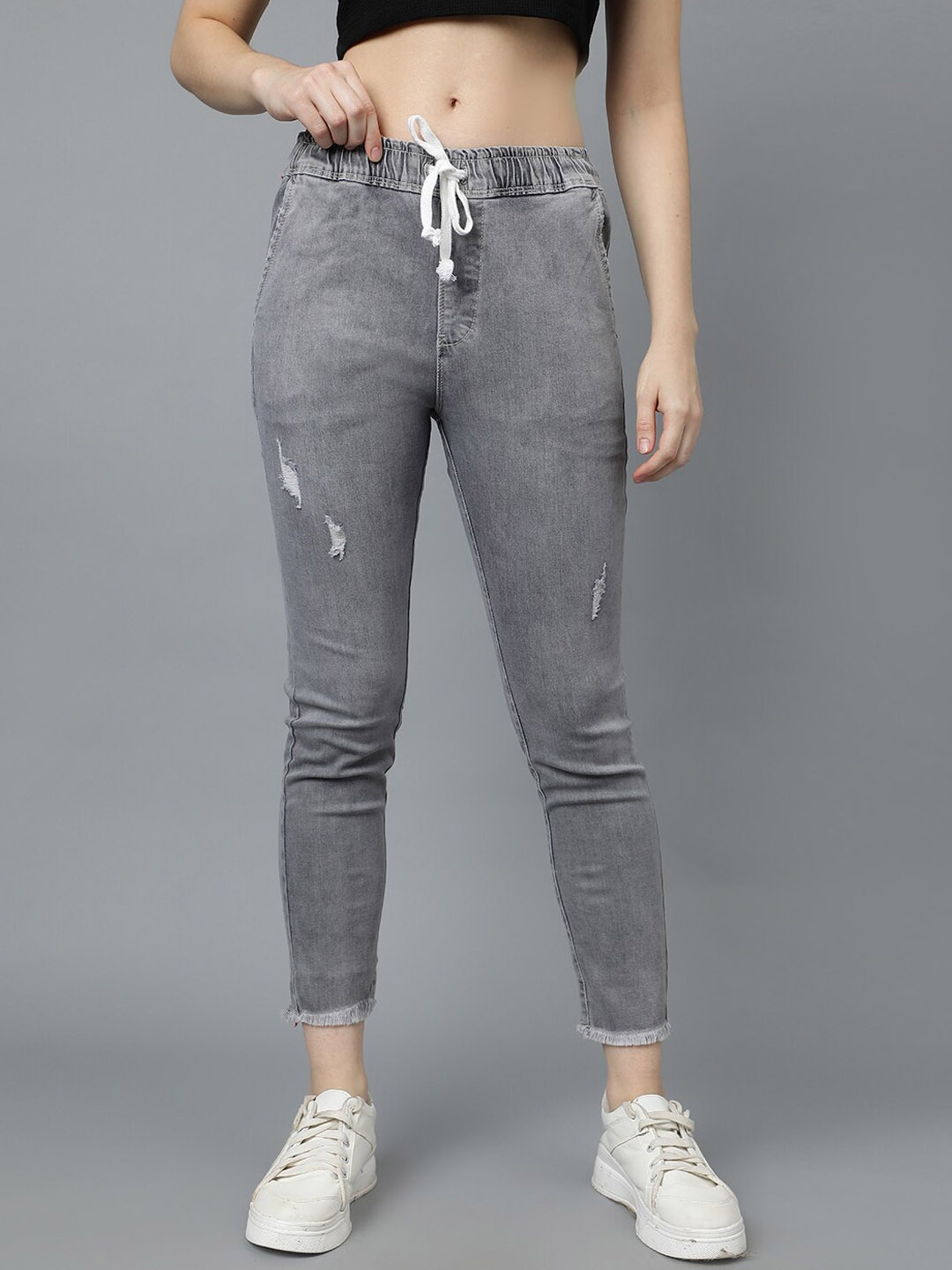 

Code 61 Women Mildly Distressed Light Fade Stretchable Denim Joggers, Grey