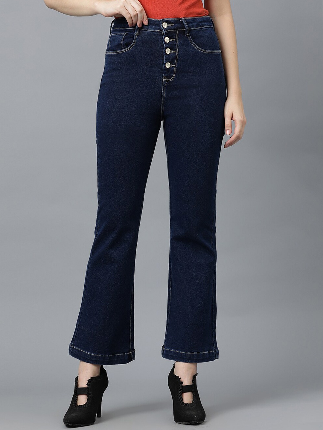 

Code 61 Women Flared High-Rise Clean Look Stretchable Jeans, Blue