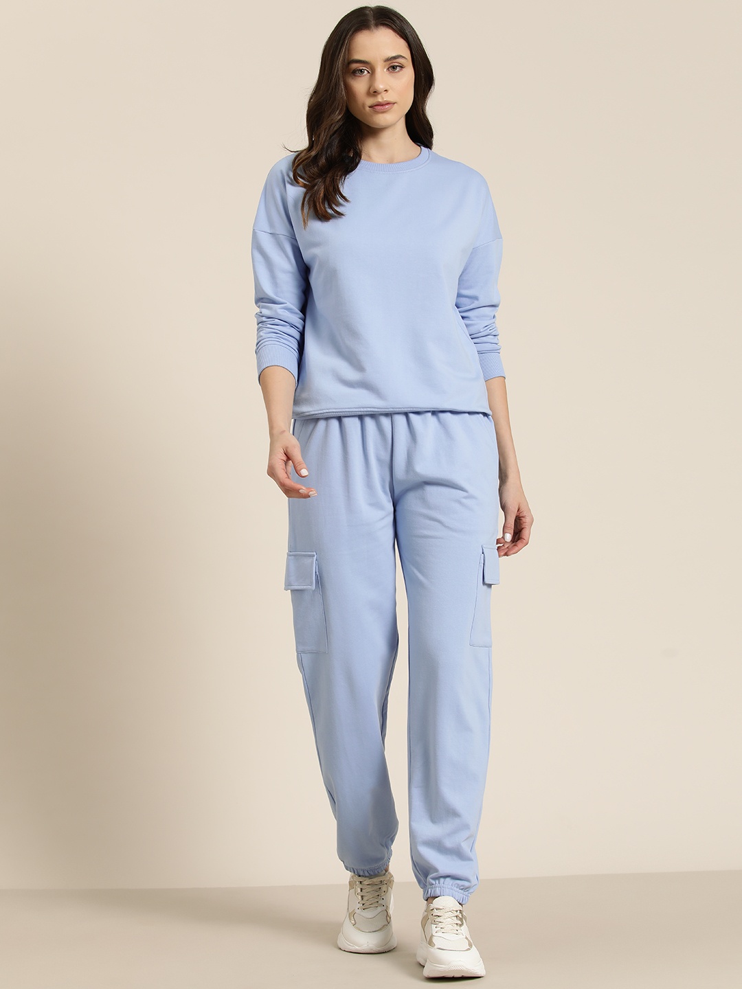 

HERE&NOW Women Solid Sweatshirt with Joggers Co-Ords, Turquoise blue