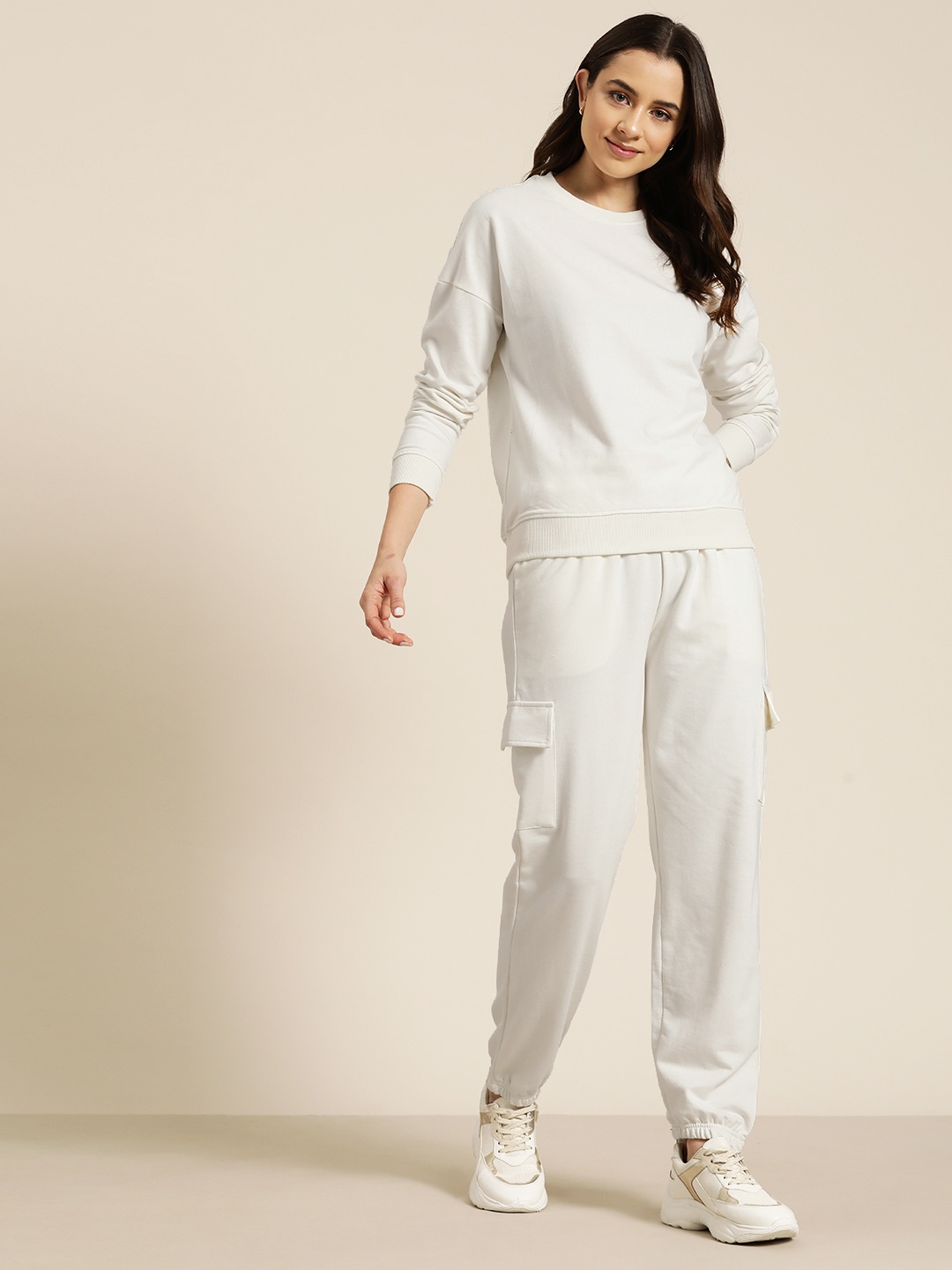 

HERE&NOW Women Solid Sweatshirt with Joggers Co-Ords, White