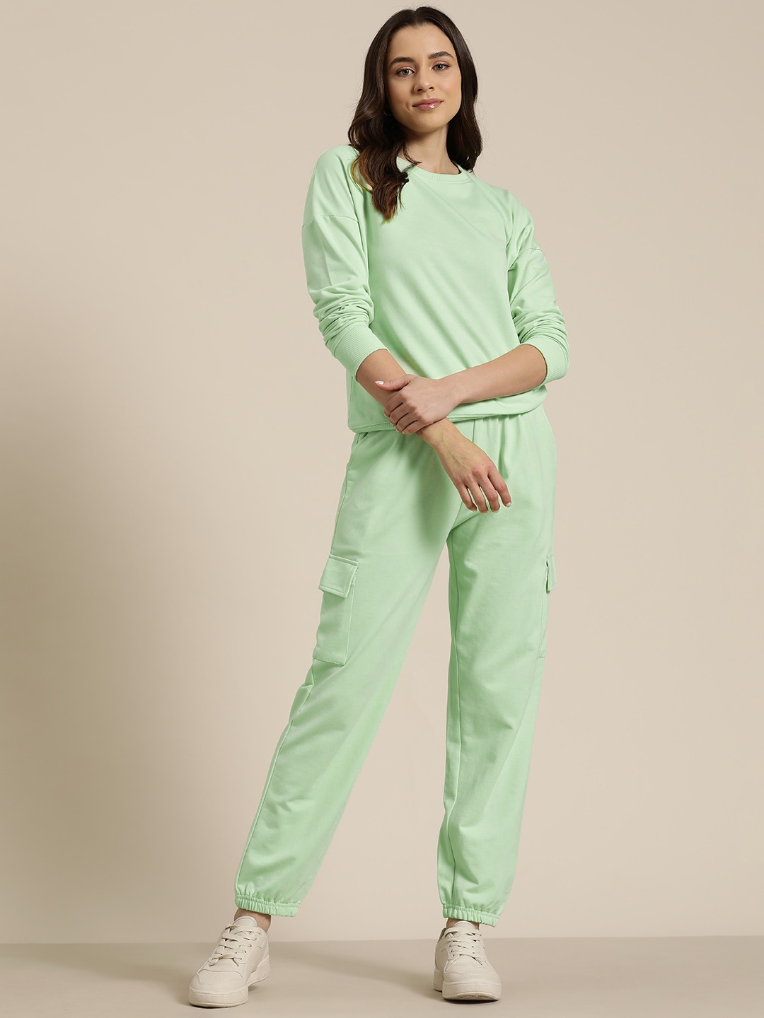 

HERE&NOW Women Solid Sweatshirt with Joggers Co-Ords, Sea green