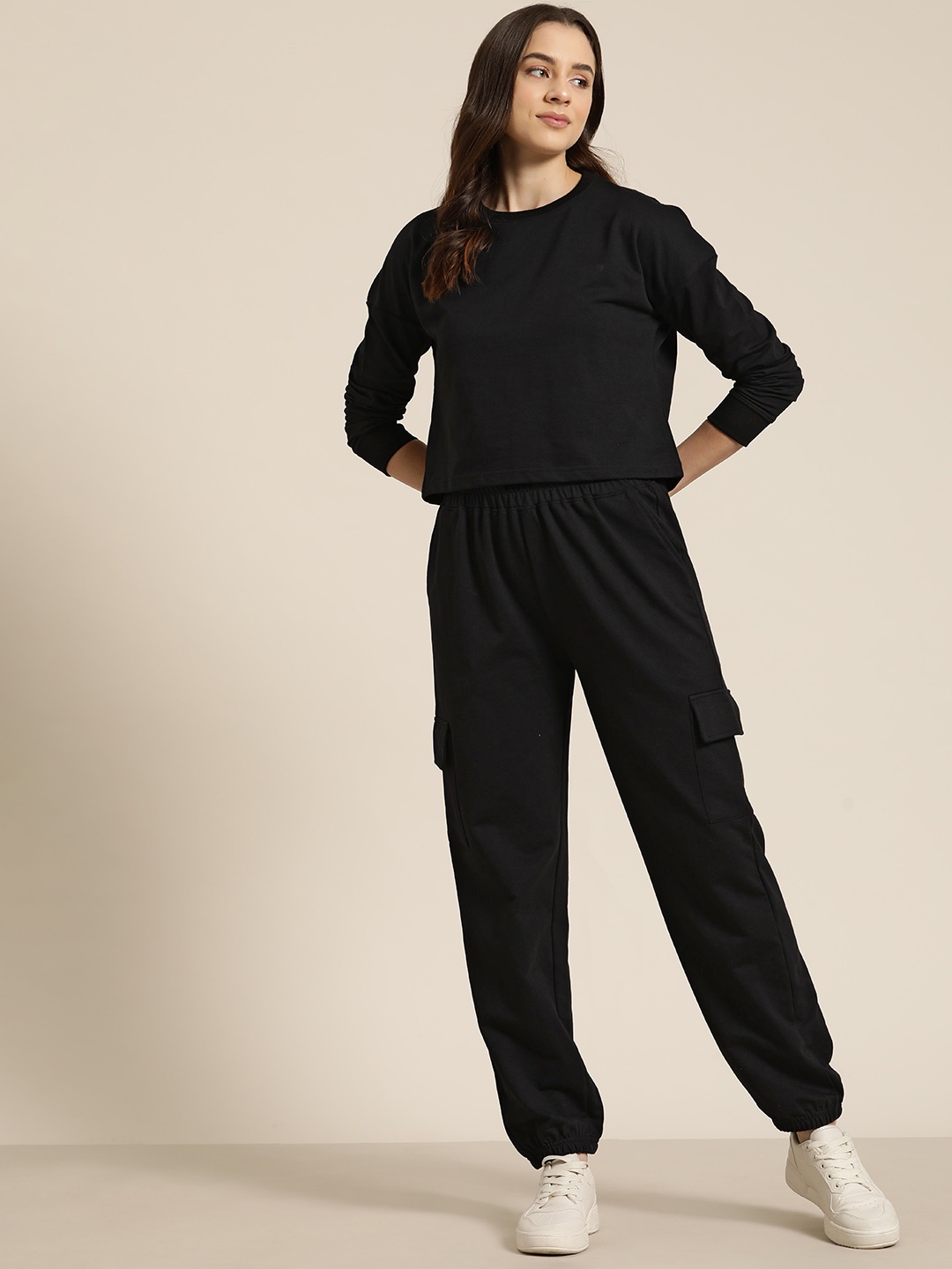 

HERE&NOW Women Solid Sweatshirt with Joggers Co-Ords, Black