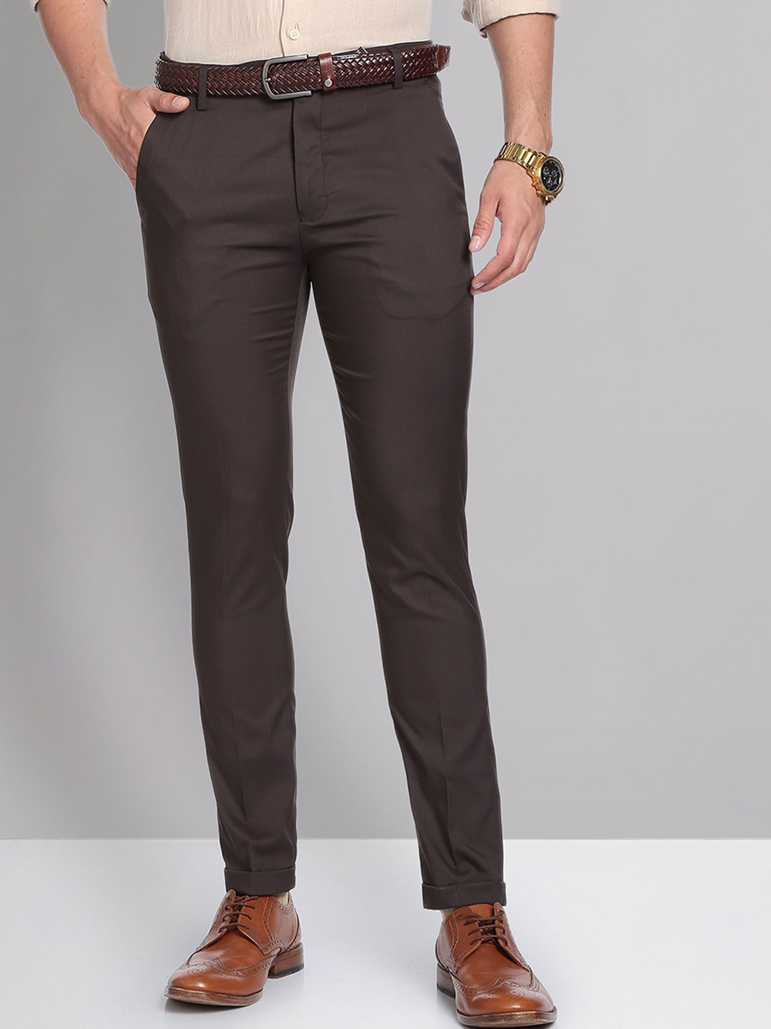 

AD By Arvind Men Mid-Rise Slim Fit Trousers, Brown