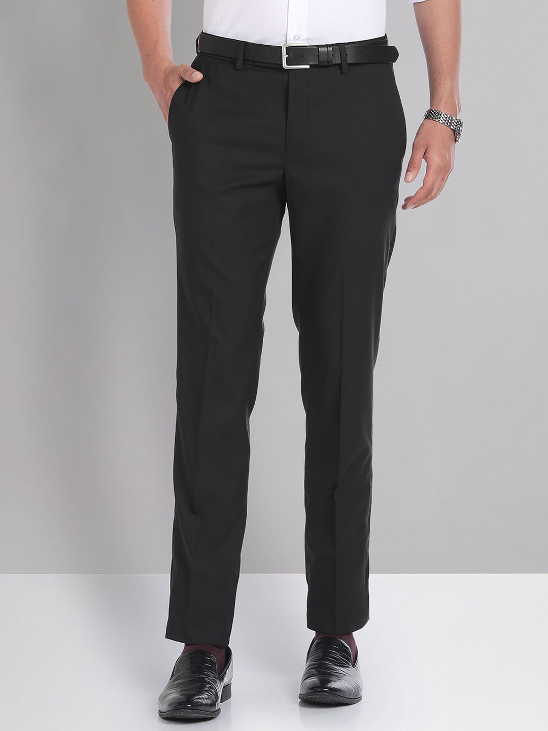 

AD By Arvind Men Slim Fit Mid-Rise Dobby Formal Trouser, Black